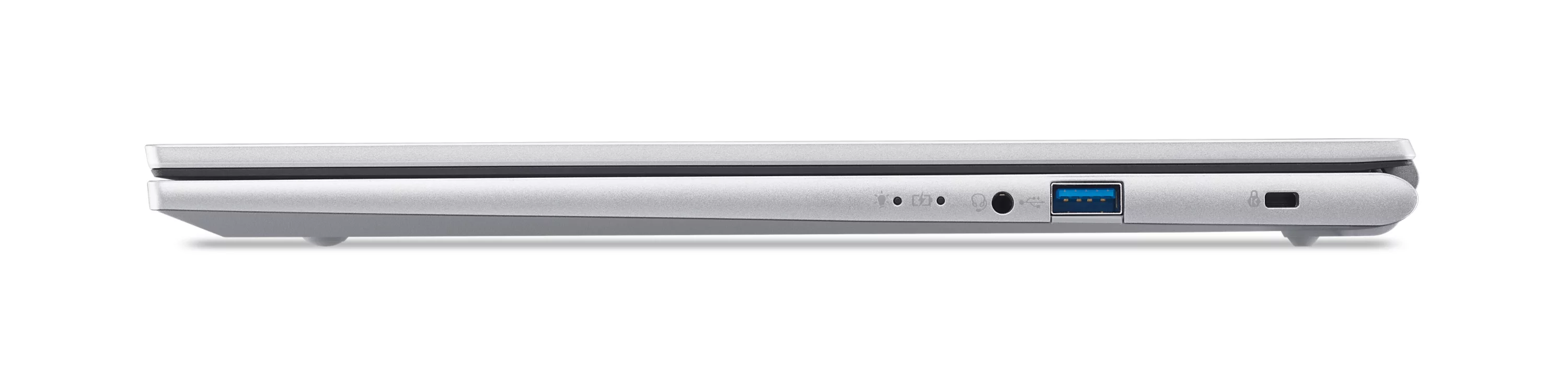Zilveren laptoprand met poorten: USB, koptelefoon, stroomindicator.