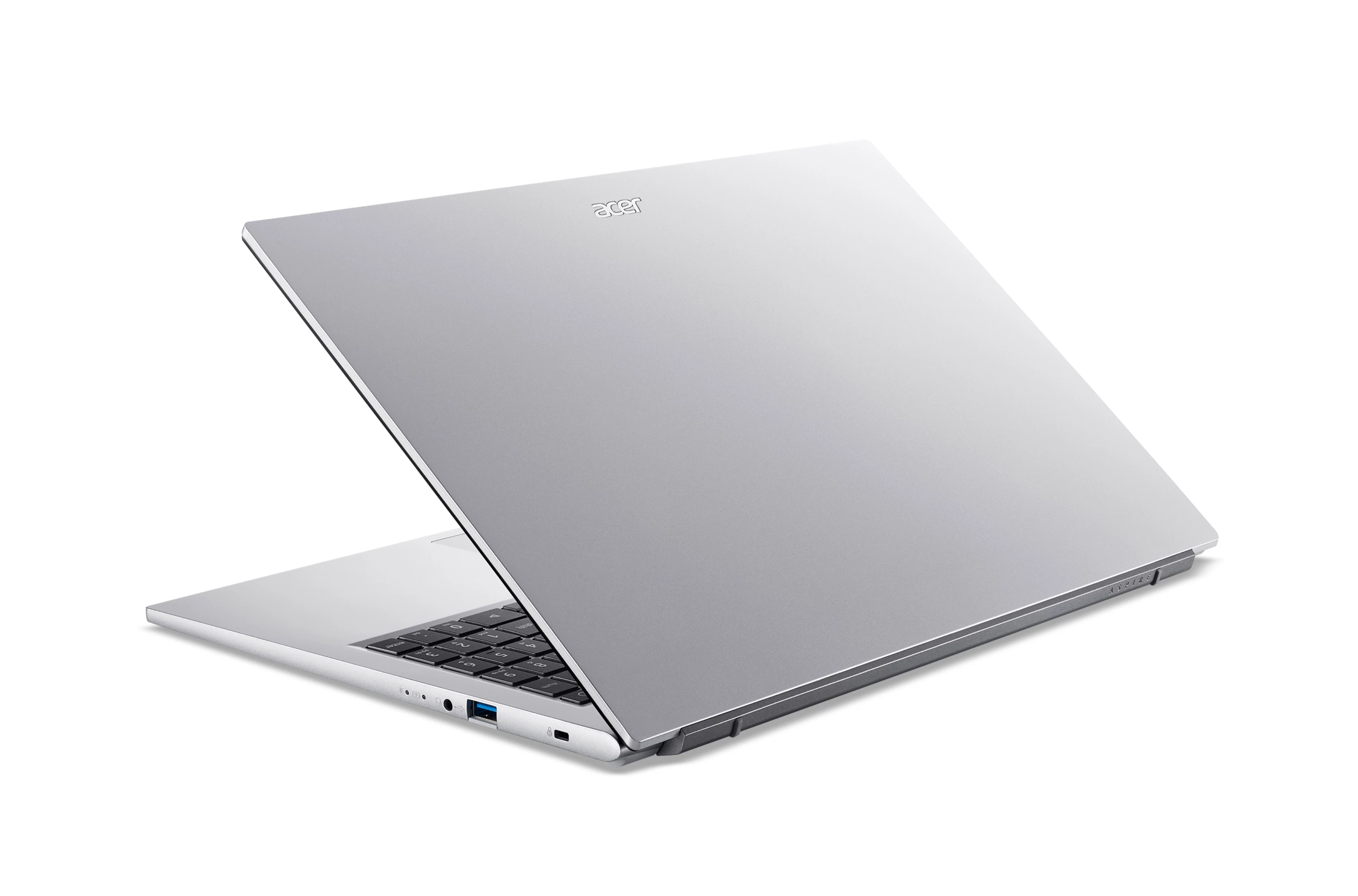 Een zilveren Acer laptop met open display, toetsenbord zichtbaar, op witte achtergrond.
