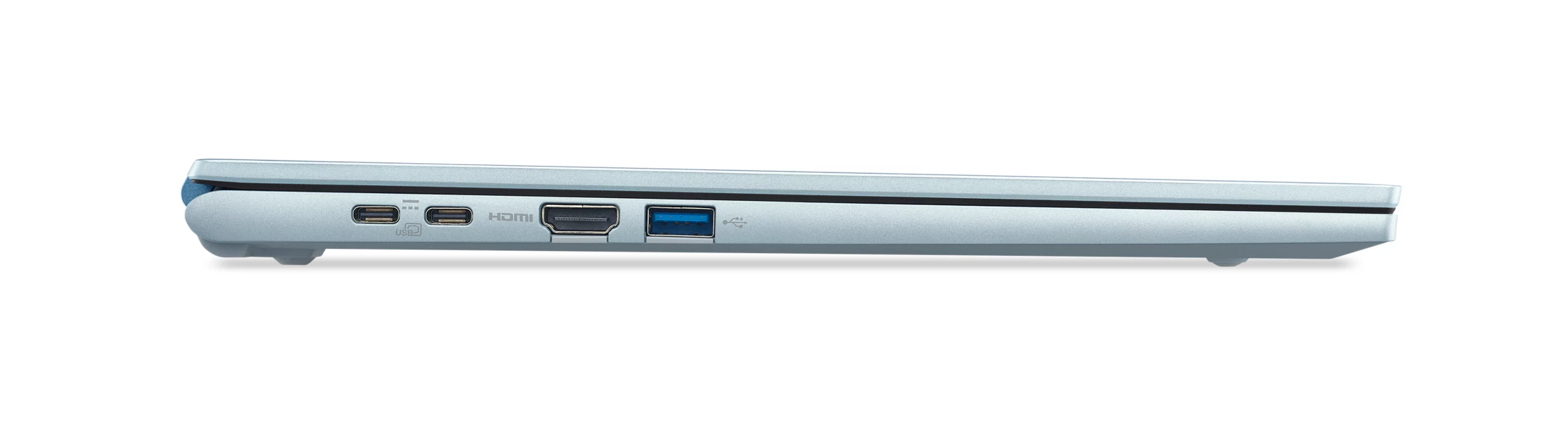 Zijaanzicht van een zilveren laptop met USB-C-, HDMI- en USB-A-poorten.