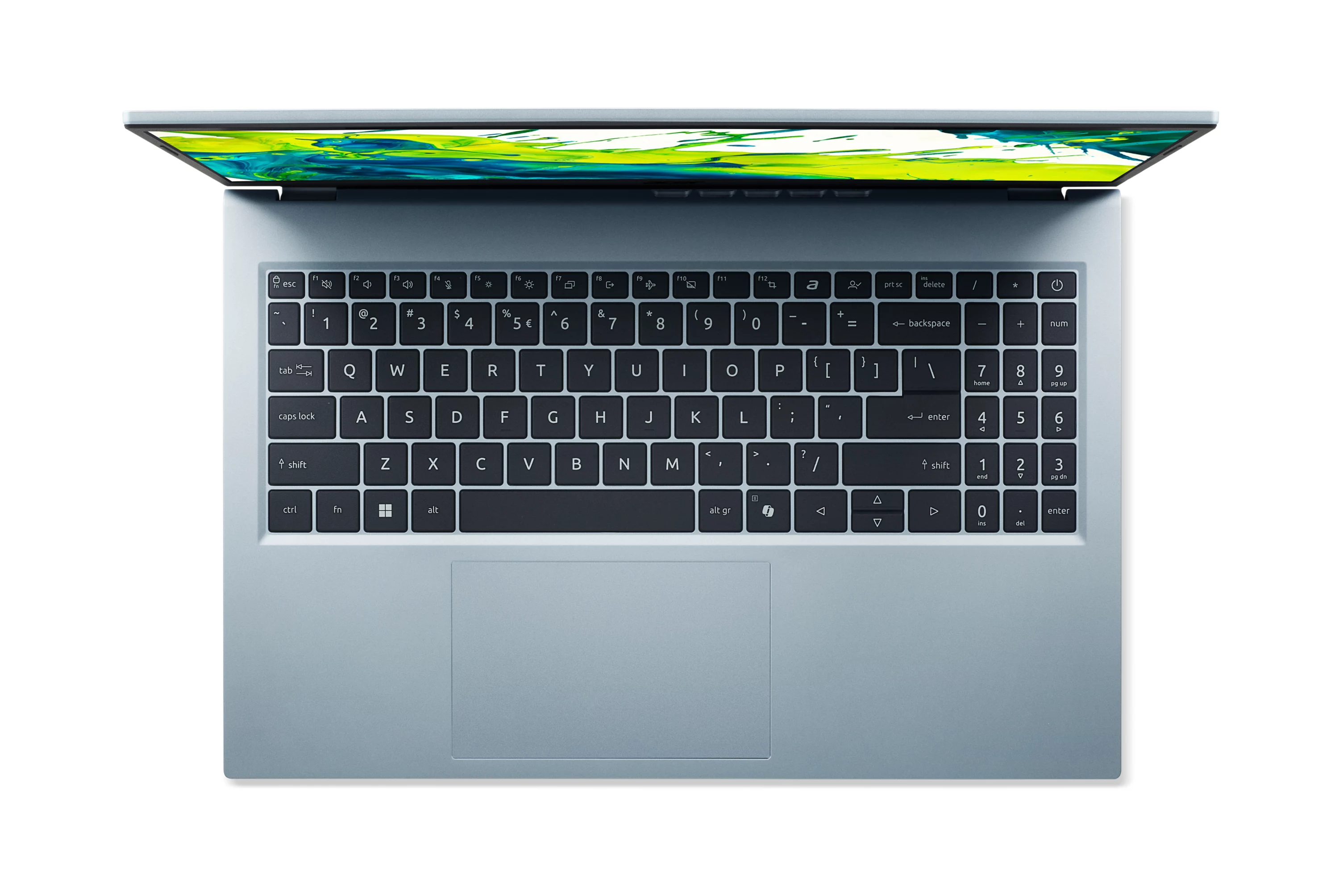 Een open blauwe laptop met een gestileerde, kleurrijke achtergrond op het scherm.