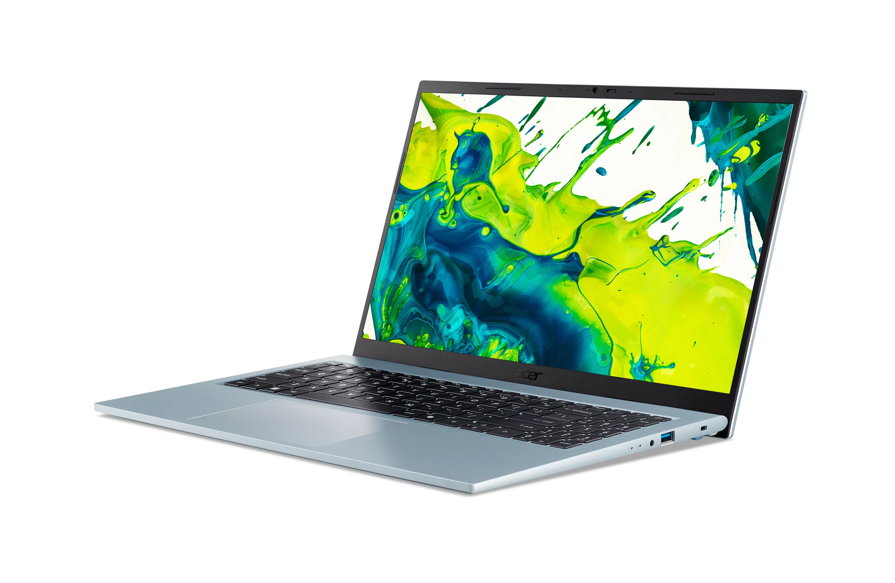 Een lichtblauwe laptop met een abstract, spatachtig patroon op het scherm.