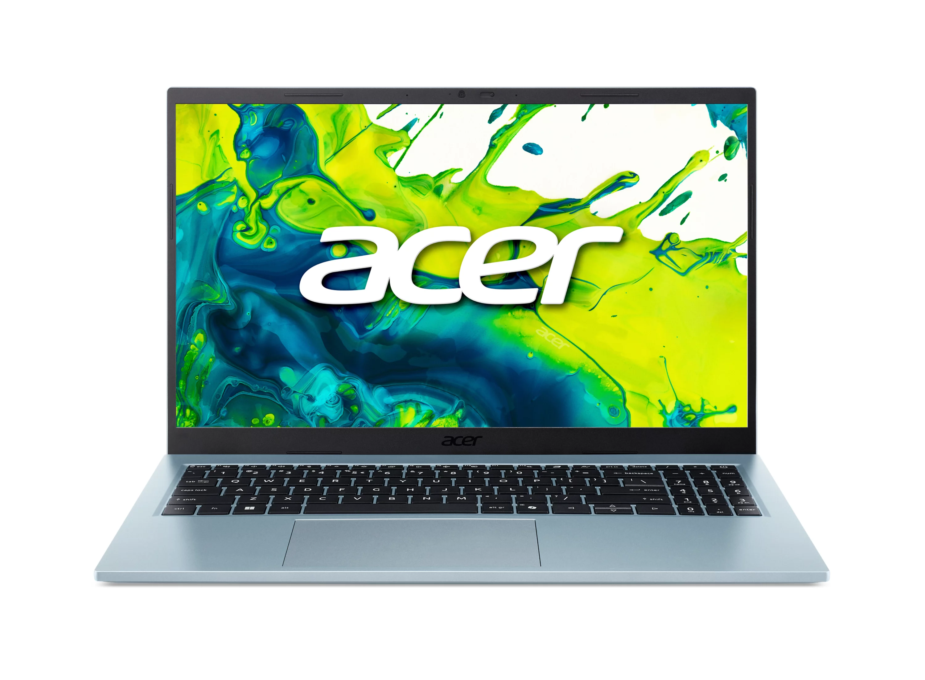 Een lichtblauwe Acer laptop met een kleurrijke, spatachtige achtergrond op het scherm.