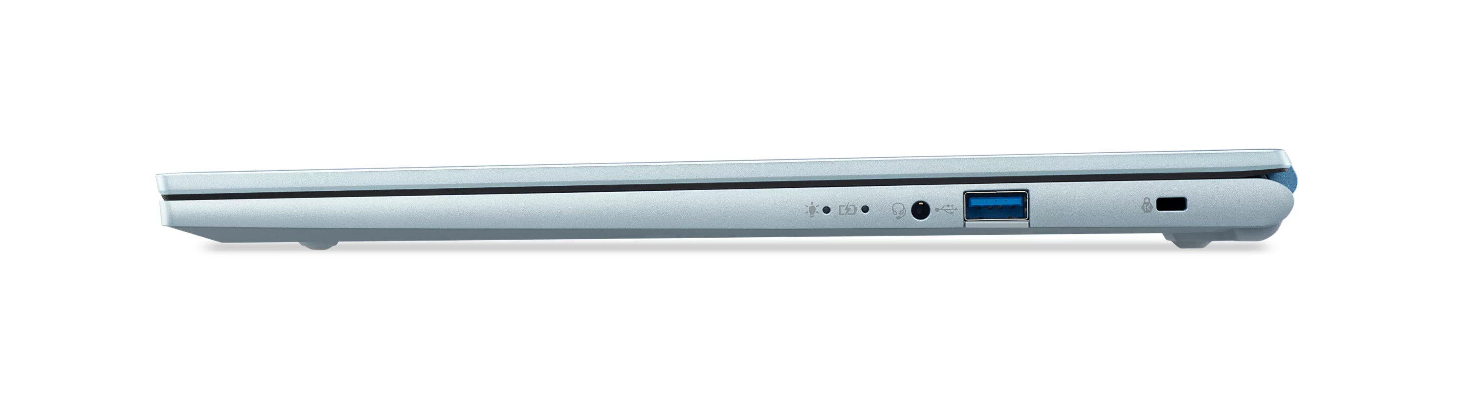 Zijprofiel zilveren laptop met poorten: USB, koptelefoon, stroom.