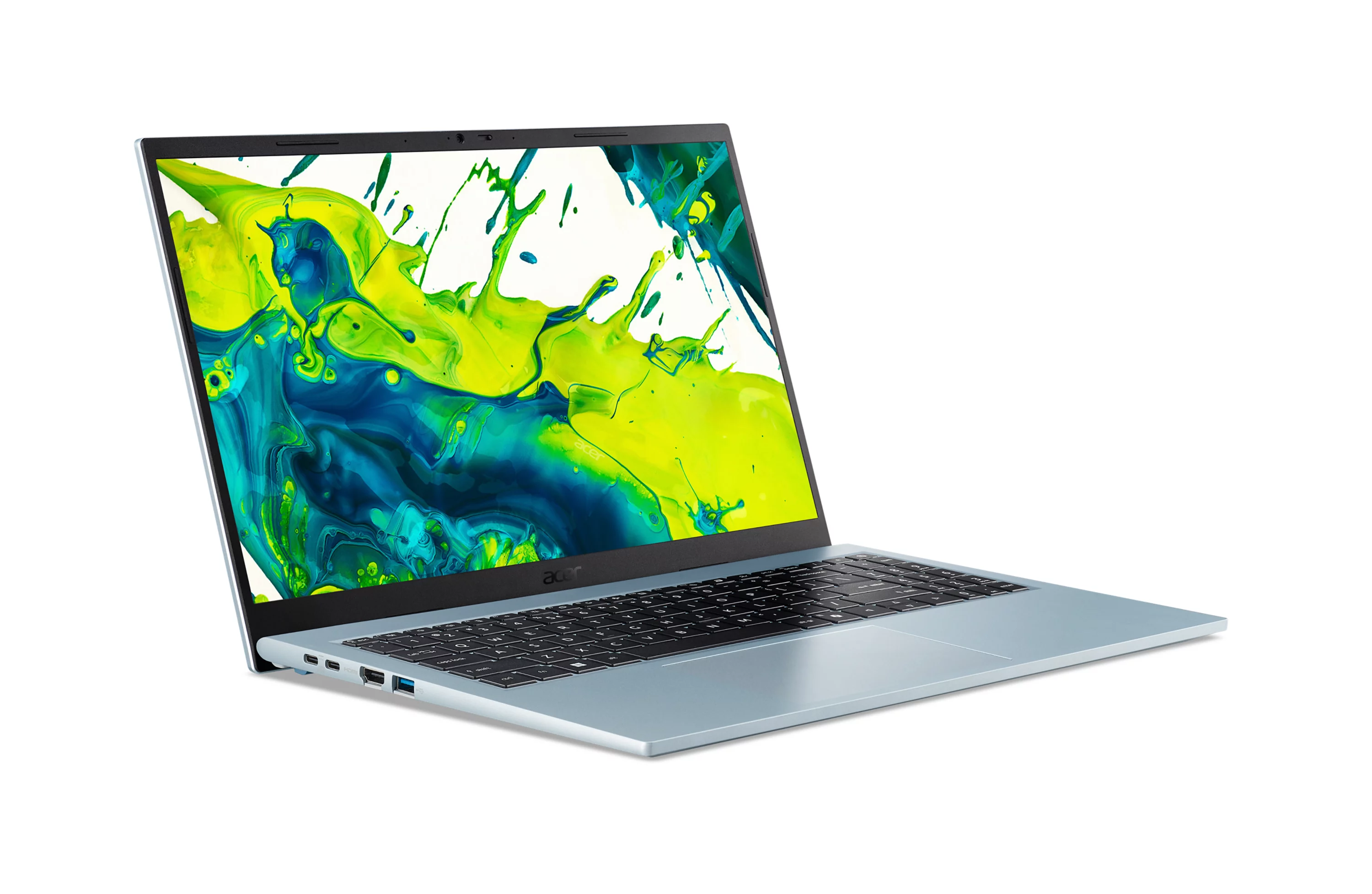 Een lichtblauwe Acer laptop met een kleurrijke splash art achtergrond op het scherm.