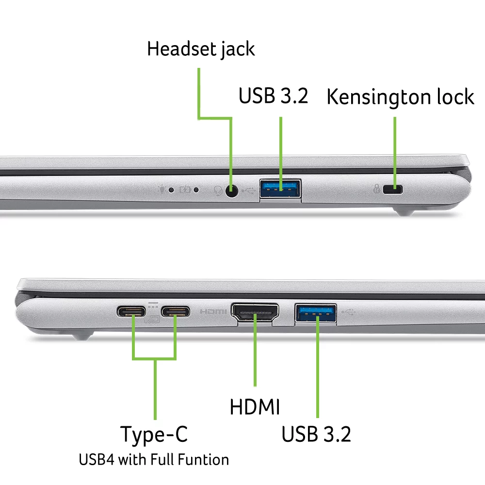 Boven: hoofdtelefoonaansluiting, USB 3.2, Kensington-slot. Onder: USB-C, HDMI, USB 3.2.