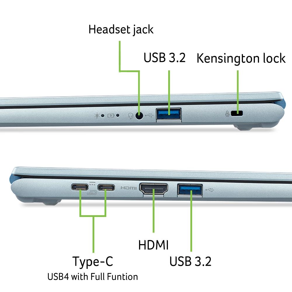 Laptop poorten: headset-aansluiting, USB 3.2, Kensington-slot, Type-C USB4, HDMI.