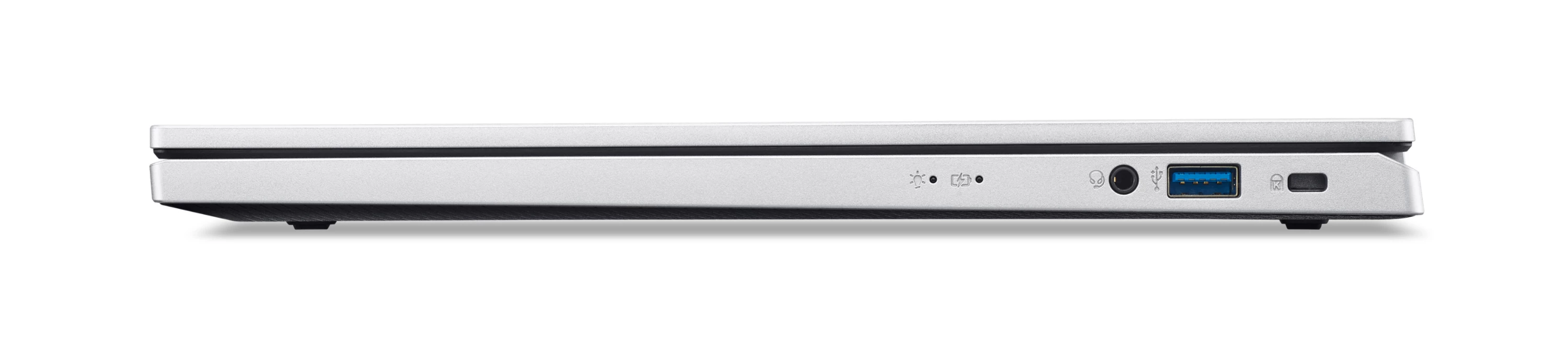 Close-up van de poorten van een zilveren laptop: USB, koptelefoonaansluiting, stroom en SD-kaartsleuf.