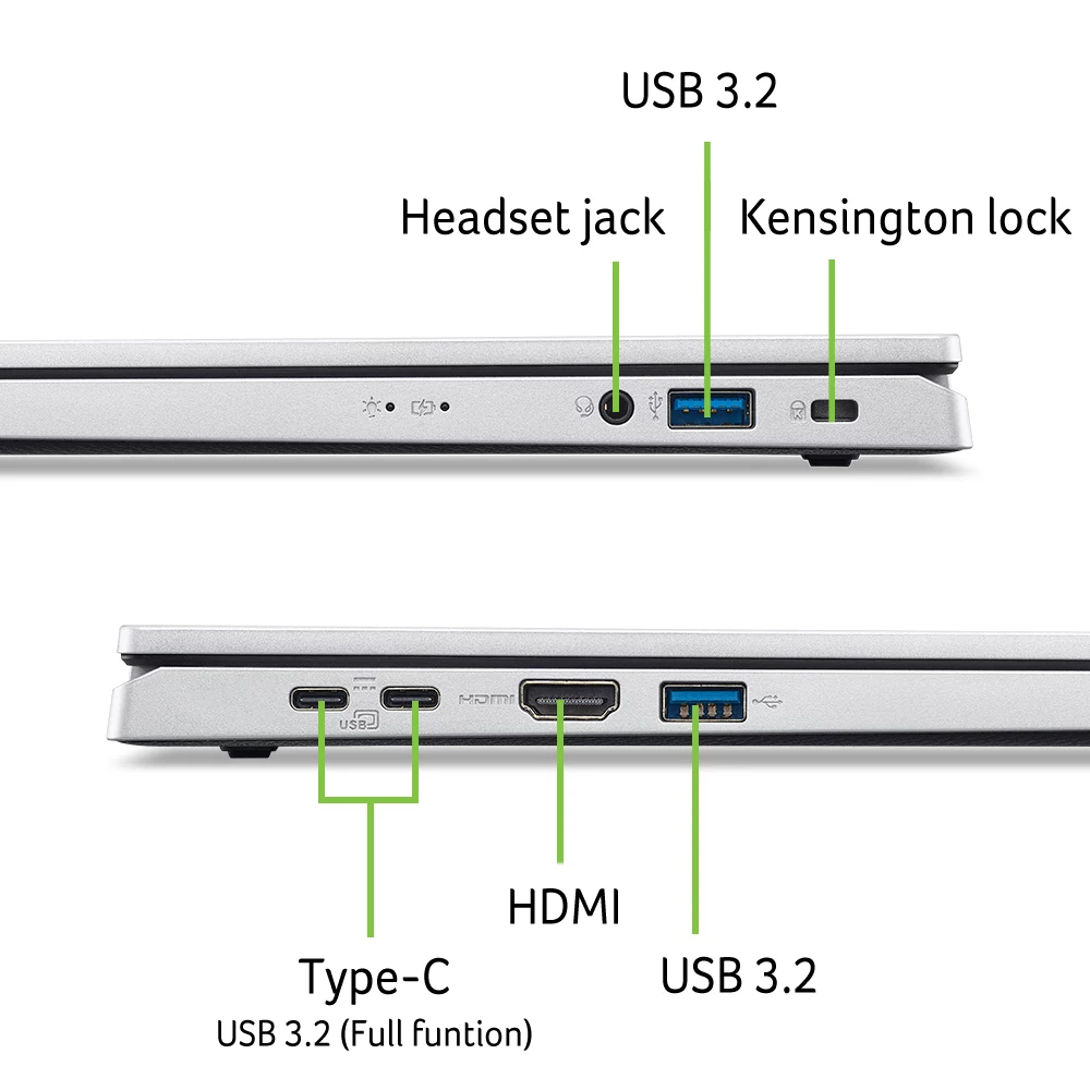 Laptop poorten: USB 3.2, headset-aansluiting, Kensington-slot, Type-C, HDMI.
