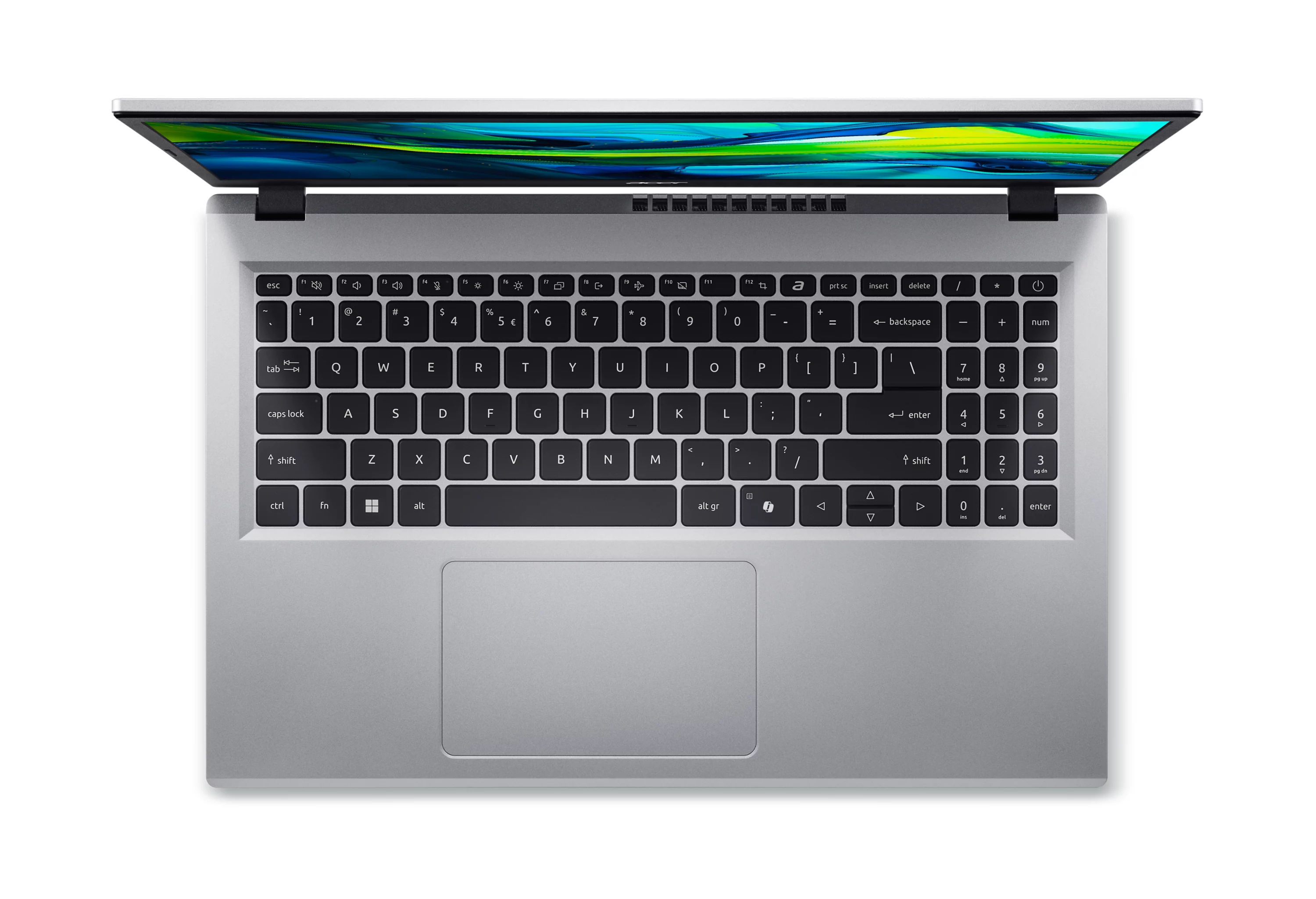 Een open zilveren laptop met toetsenbord en touchpad.