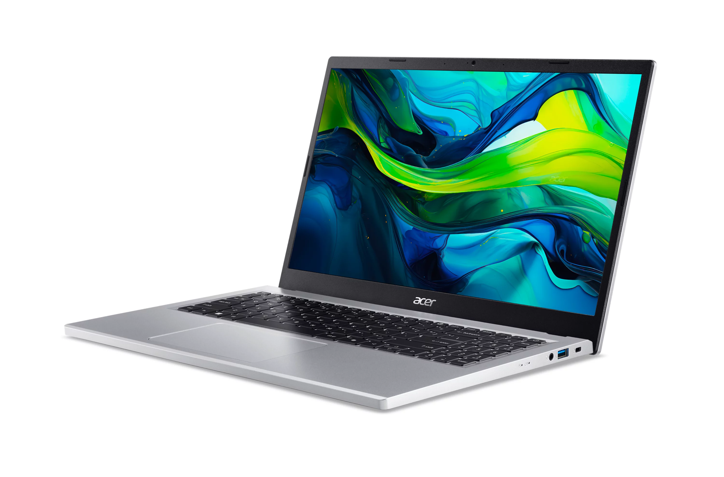 Een zilveren Acer laptop met een abstracte blauwgroene achtergrond.
