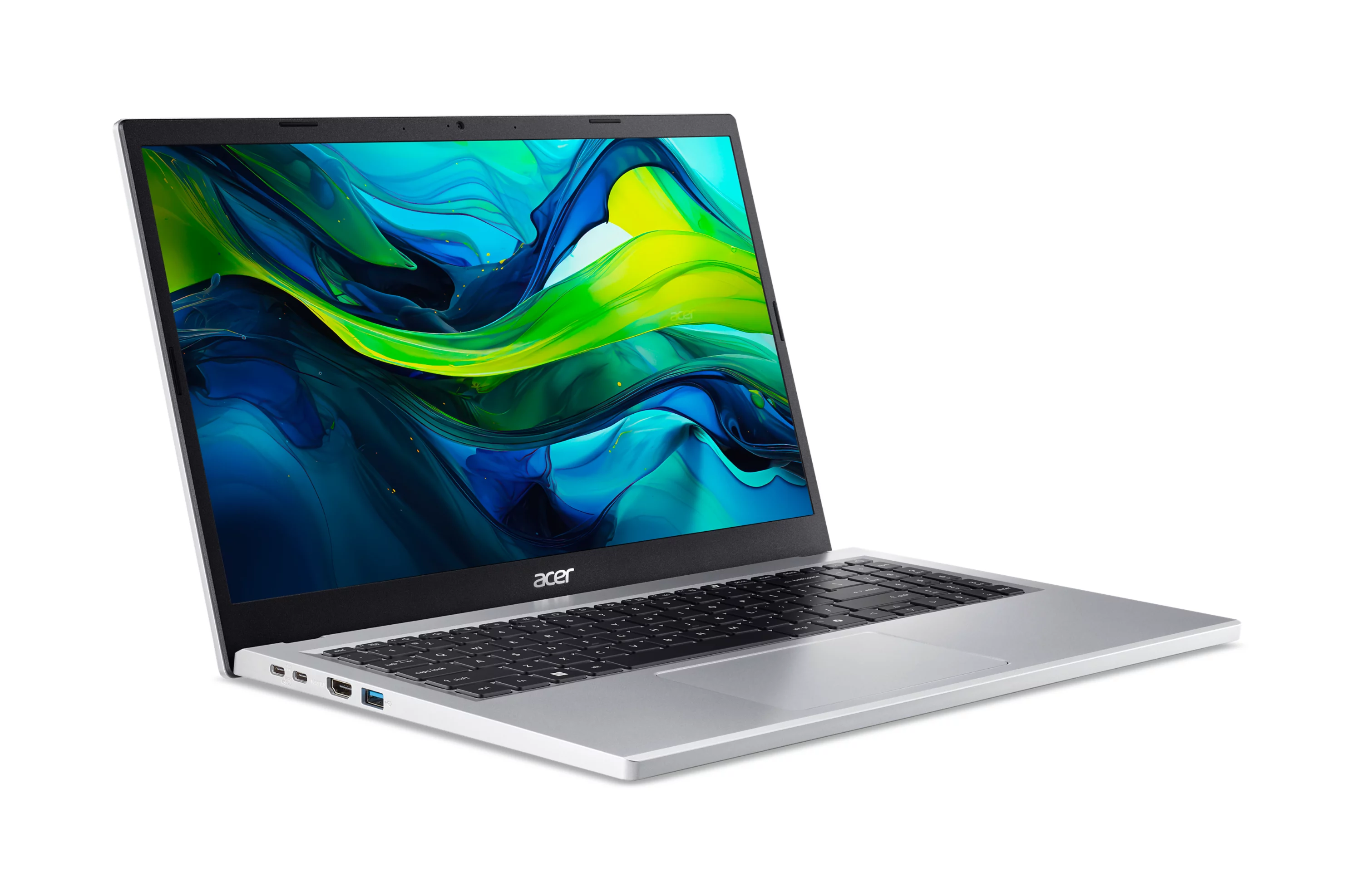Een zilveren Acer laptop met een kleurrijk, abstracte achtergrondafbeelding.