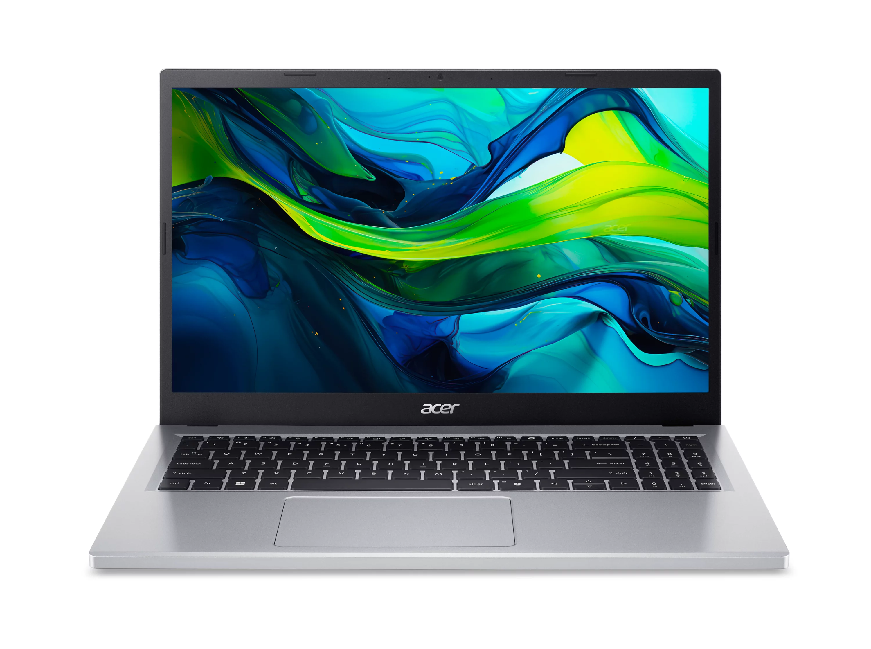 Een zilveren Acer laptop met een abstracte, kleurrijke achtergrond op het scherm.