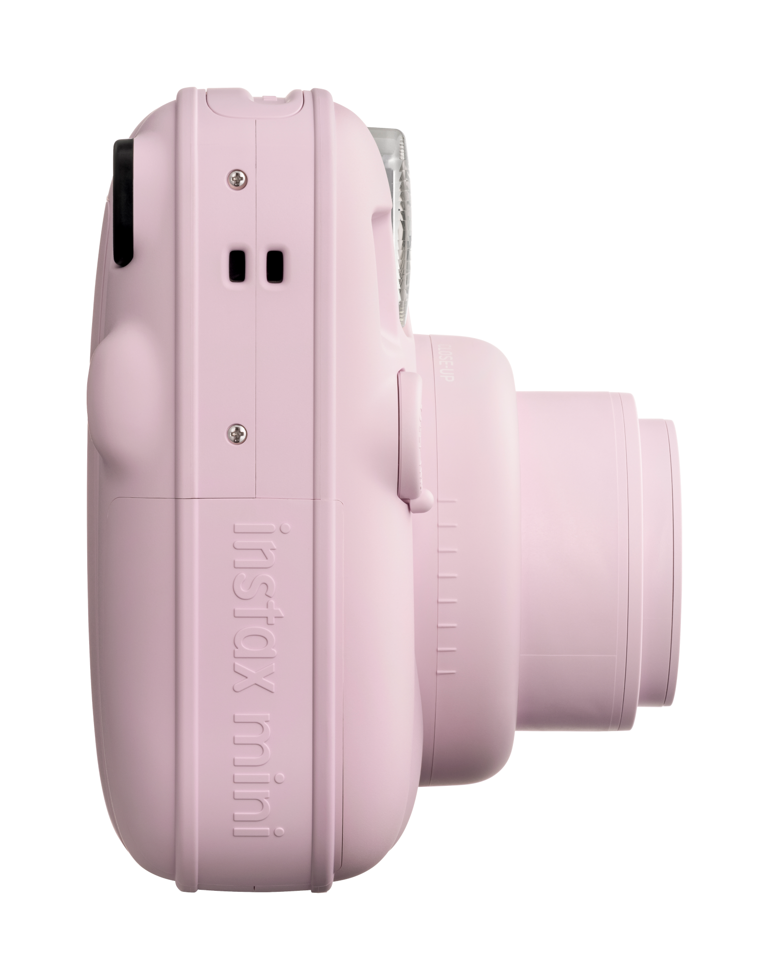 Egy rózsaszín azonnali fényképezőgép 'Instax mini' felirattal, oldalról fotózva.