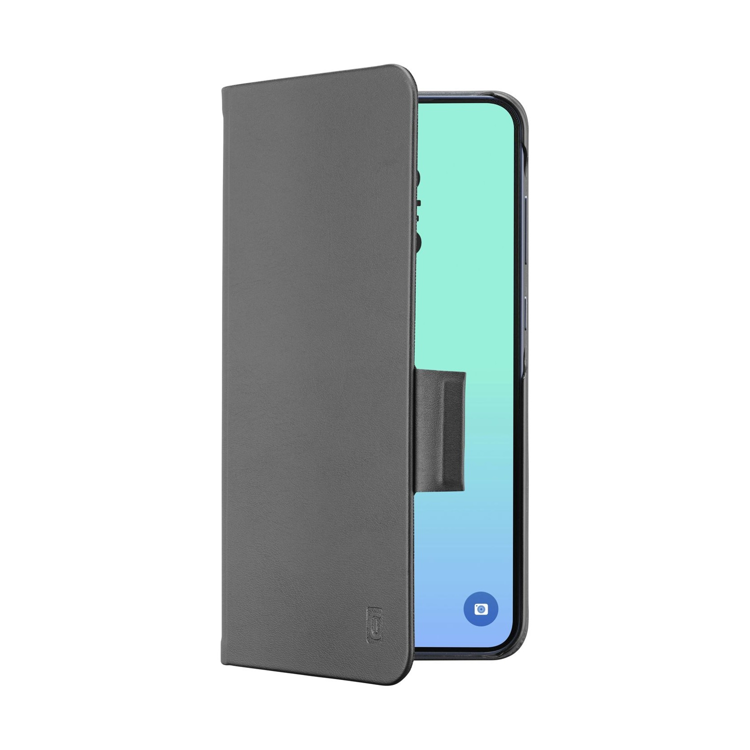Custodia a libro grigia per telefono con copertina aperta, mostra schermo smartphone.