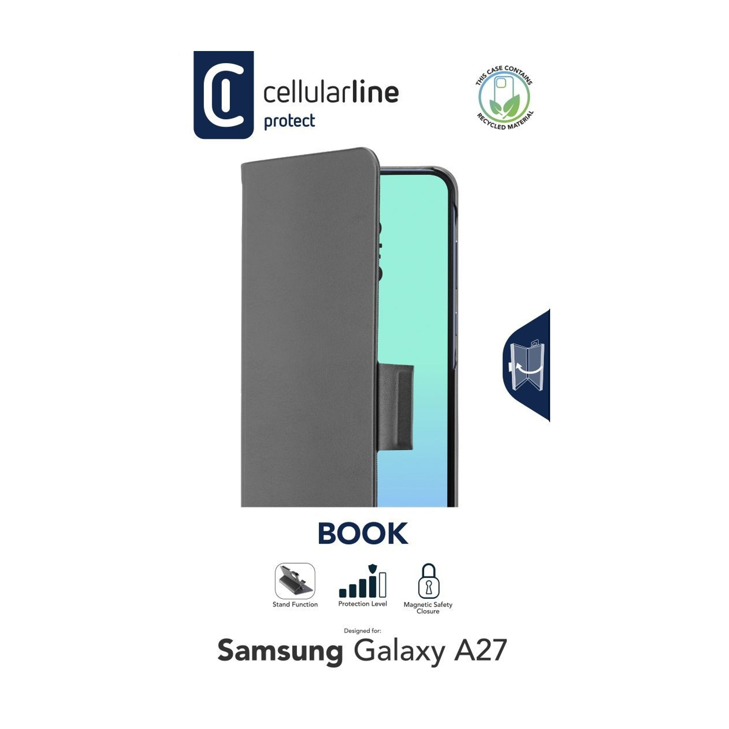 Custodia a libro grigia per Samsung Galaxy A27, con logo del marchio e icona materiale riciclato.