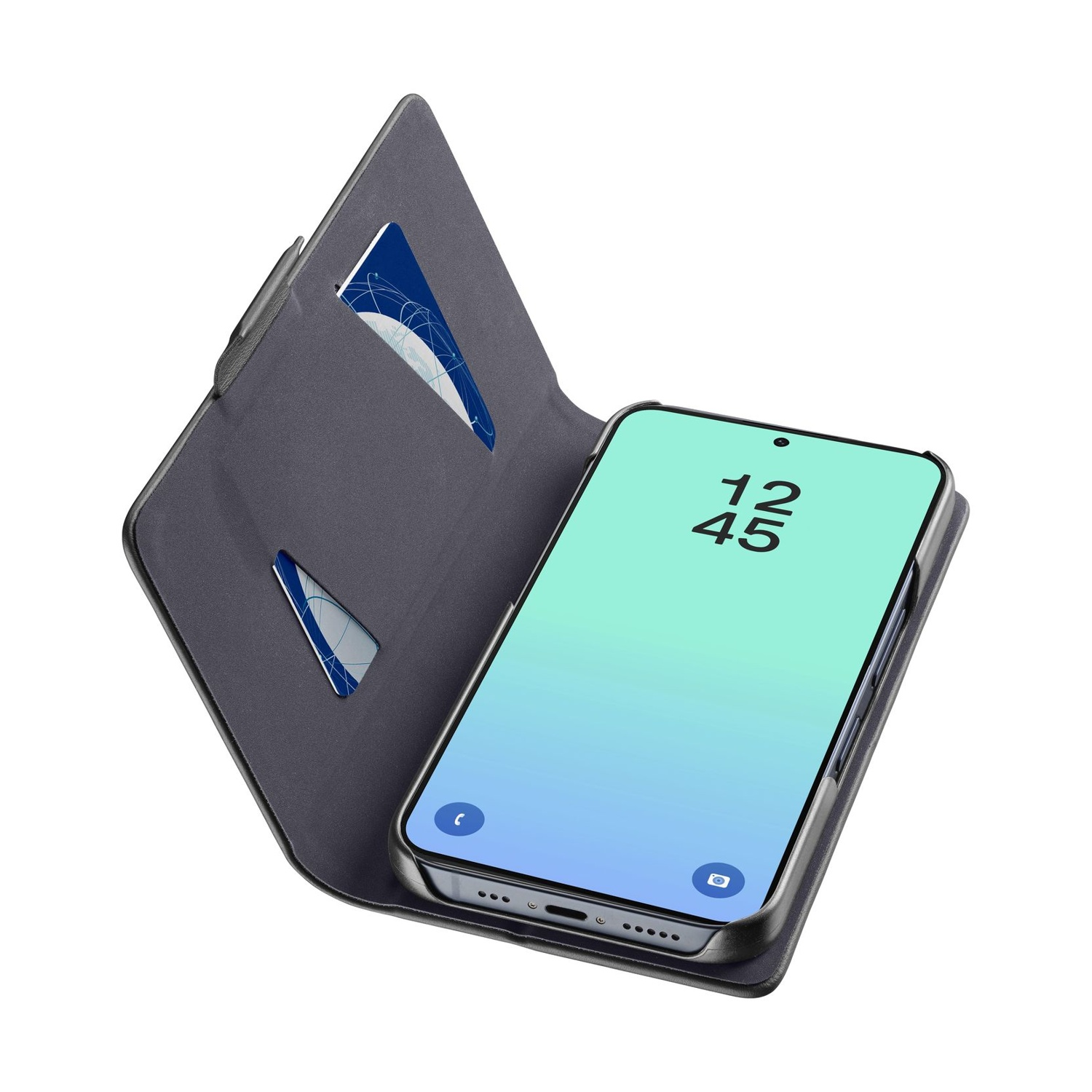 Custodia a libro grigia per telefono con slot per carte, mostra uno smartphone con orario.