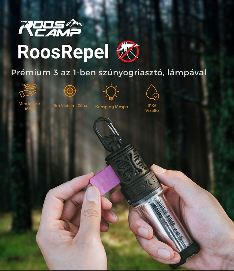 Kezek lila utántöltőt helyeznek egy RoosRepel szúnyogriasztó és lámpa készülékbe.