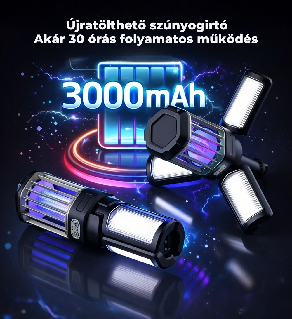Két szúnyogriasztó lámpa UV és LED fénnyel, 3000mAh akku ikon mellett.