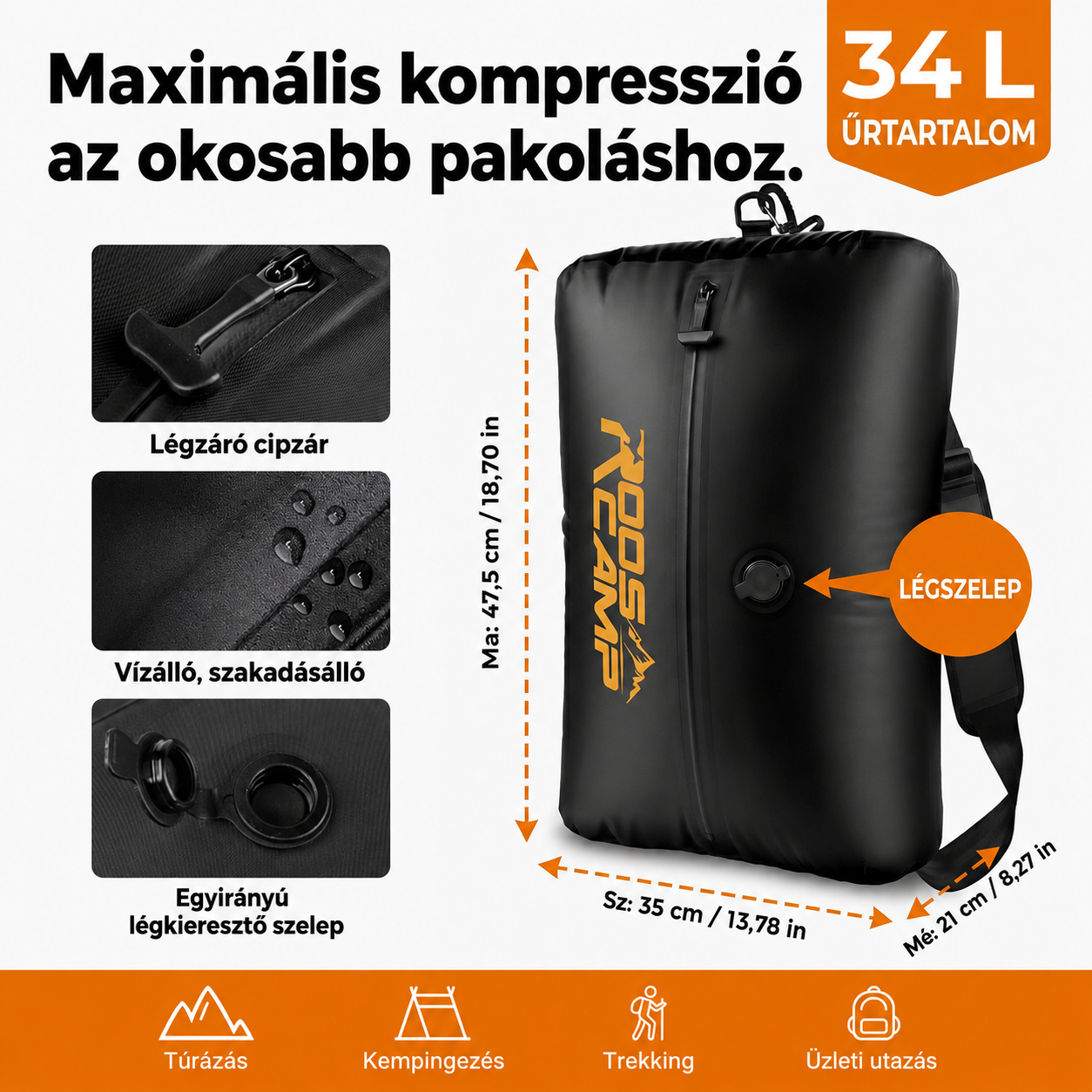 Fekete kompressziós zsák cipzárral, szelepekkel, méretekkel és logóval. Kempingezéshez.