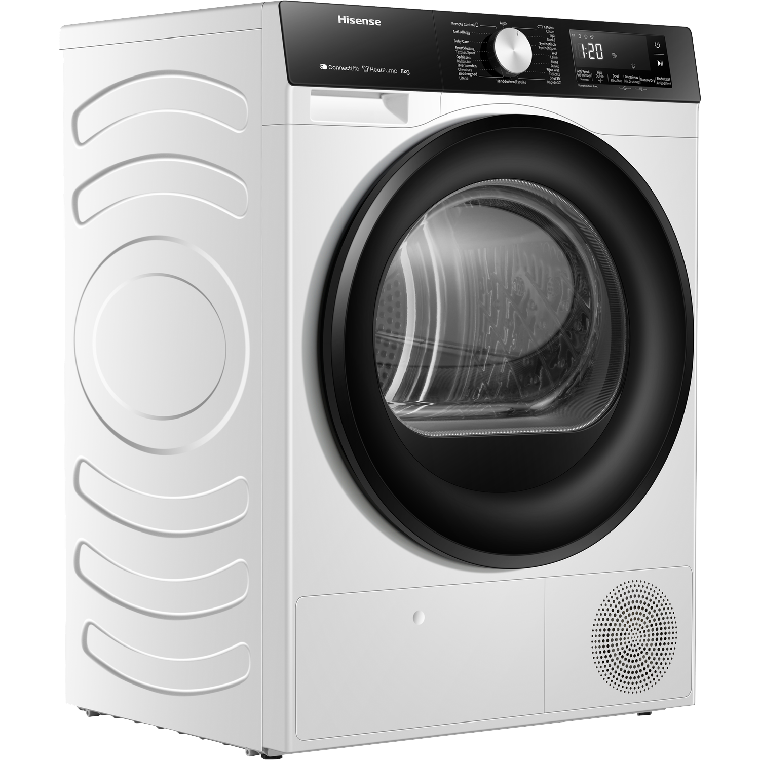 A white Hisense heat pump dryer machine with a black door and control panel.