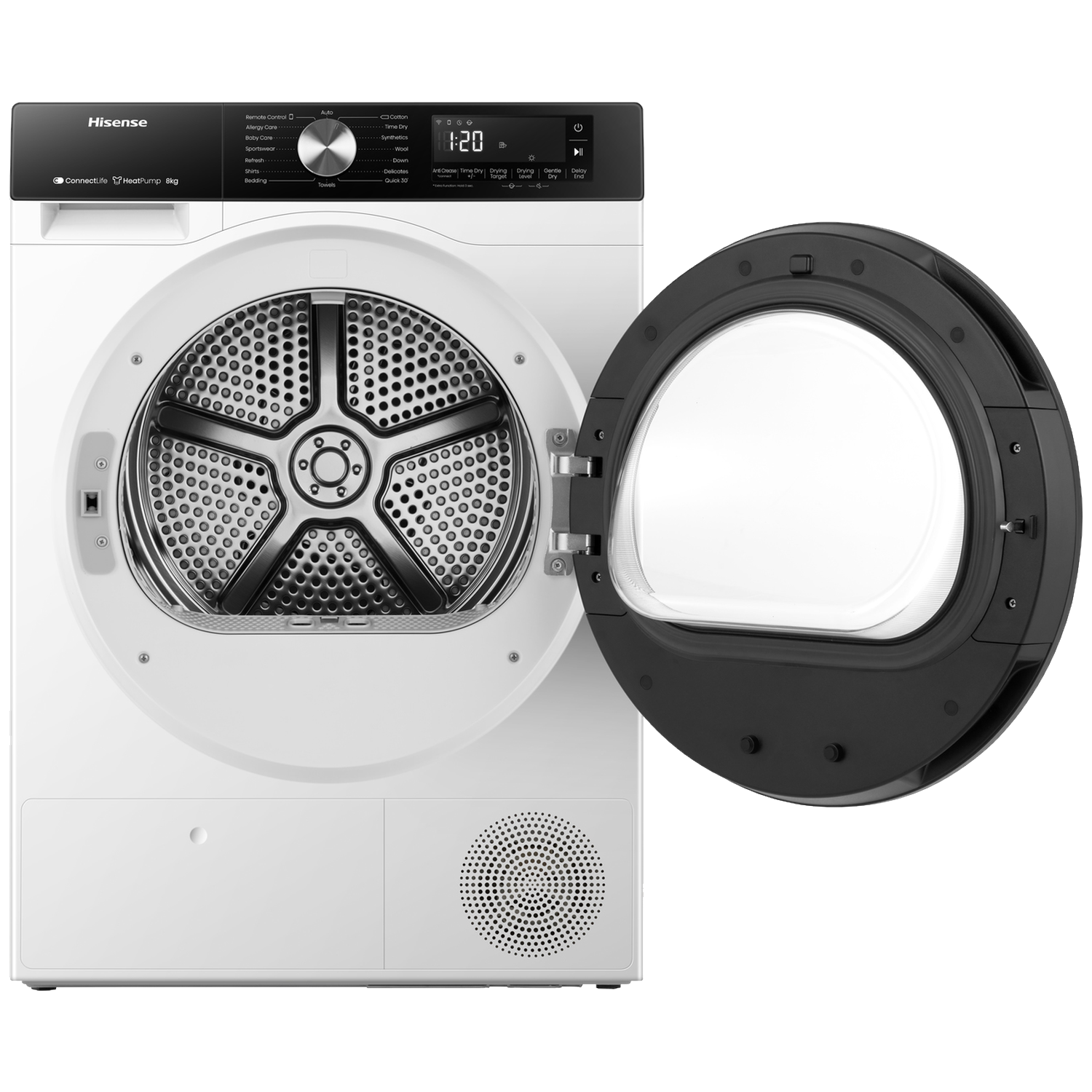 A white Hisense tumble dryer with its door open, showing the control panel.