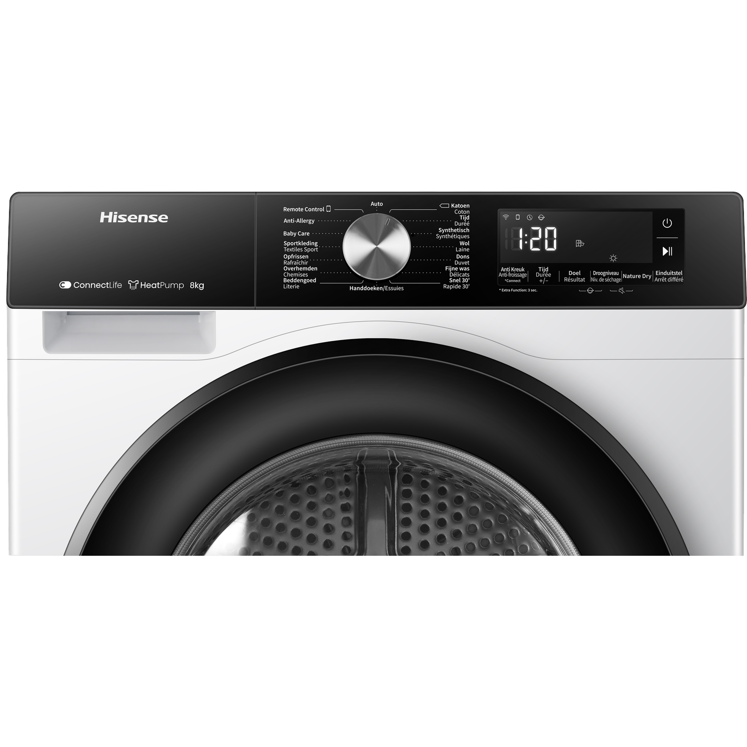 Close-up of a Hisense dryer control panel with digital display showing 1:20.