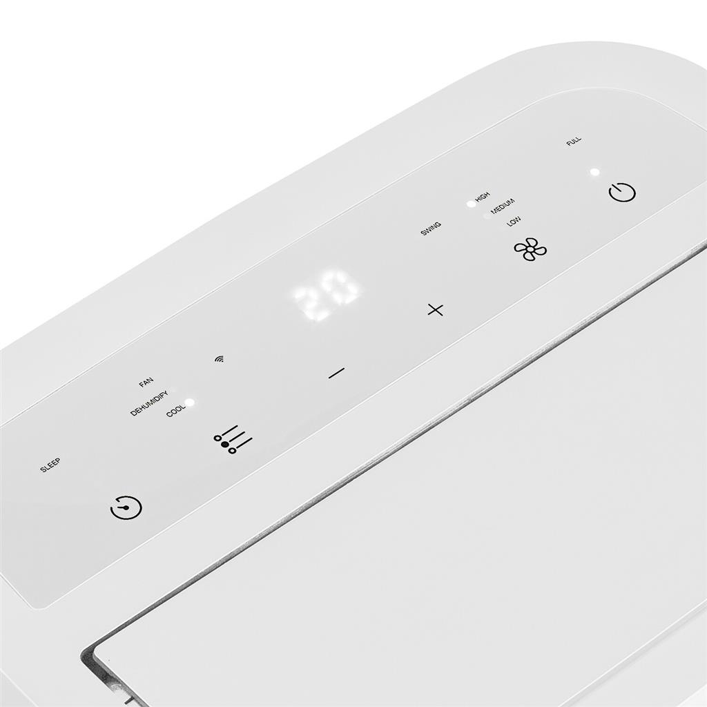 Un pannello di controllo bianco con indicatori digitali di temperatura, velocità ventola e modalità.