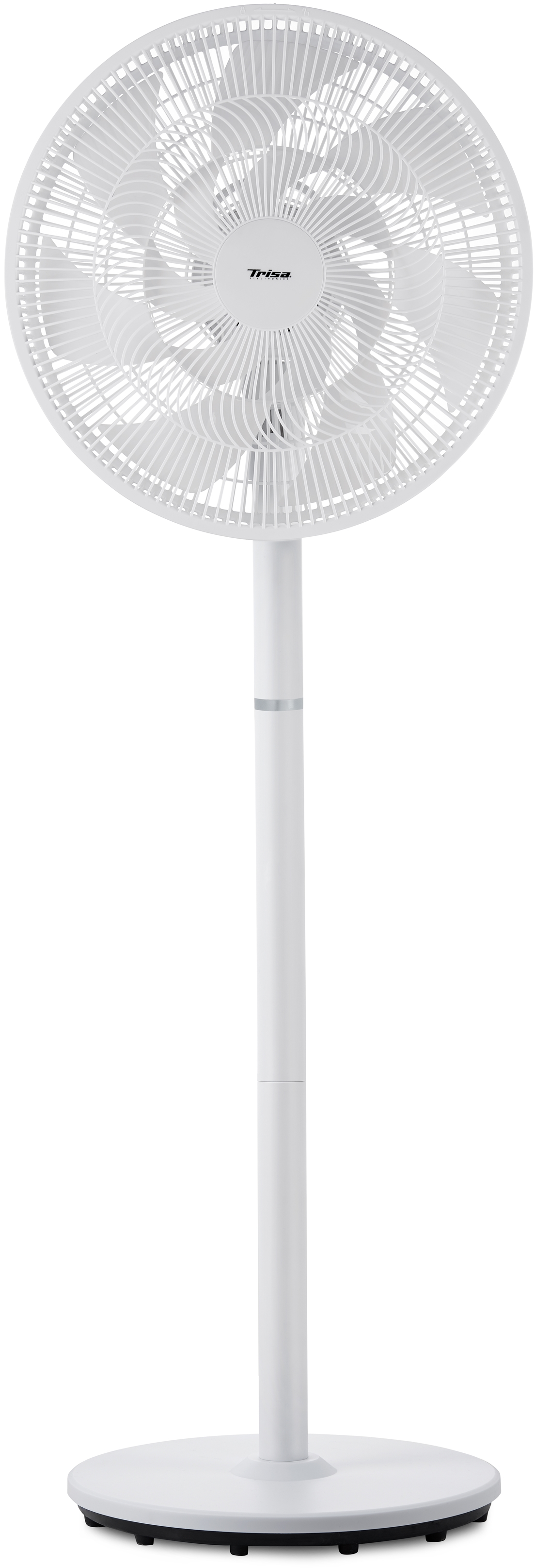 Un ventilateur sur pied blanc avec une base ronde et un support fin.