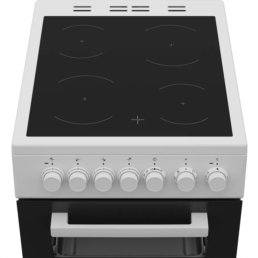 Une cuisinière électrique blanche avec plaque noire et quatre zones de cuisson.
