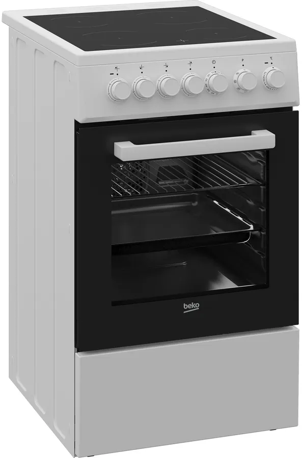 Un four blanc pose libre avec porte vitrée noire et table vitrocéramique.