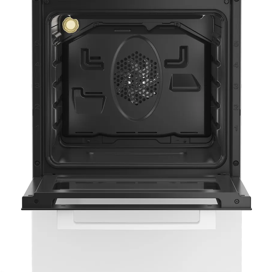 L'intérieur d'un four vide et ouvert avec ventilateur et rainures.