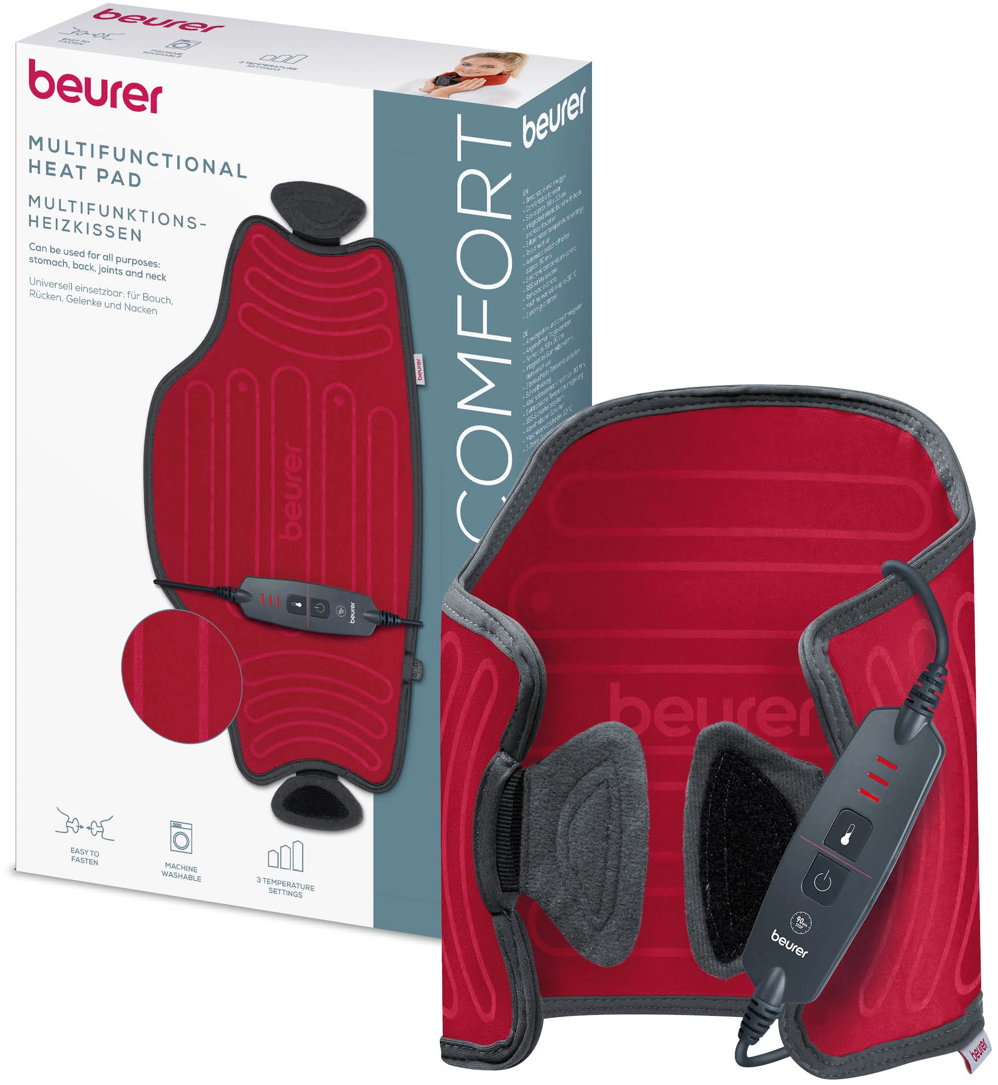 Tappetino termico multifunzione rosso Beurer con controller e confezione.