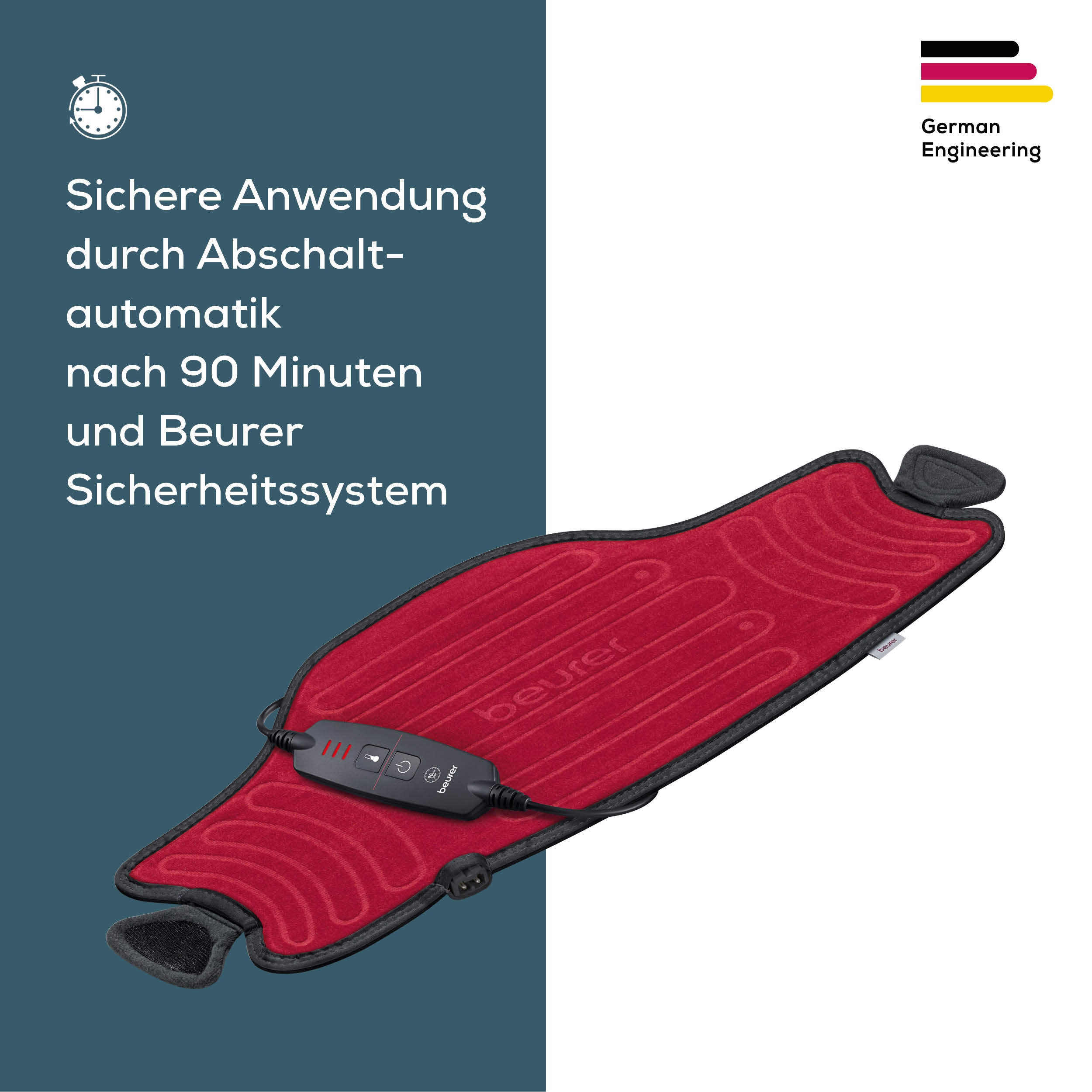 Coperta riscaldante rossa con telecomando e logo 'Beurer' su sfondo grigio.