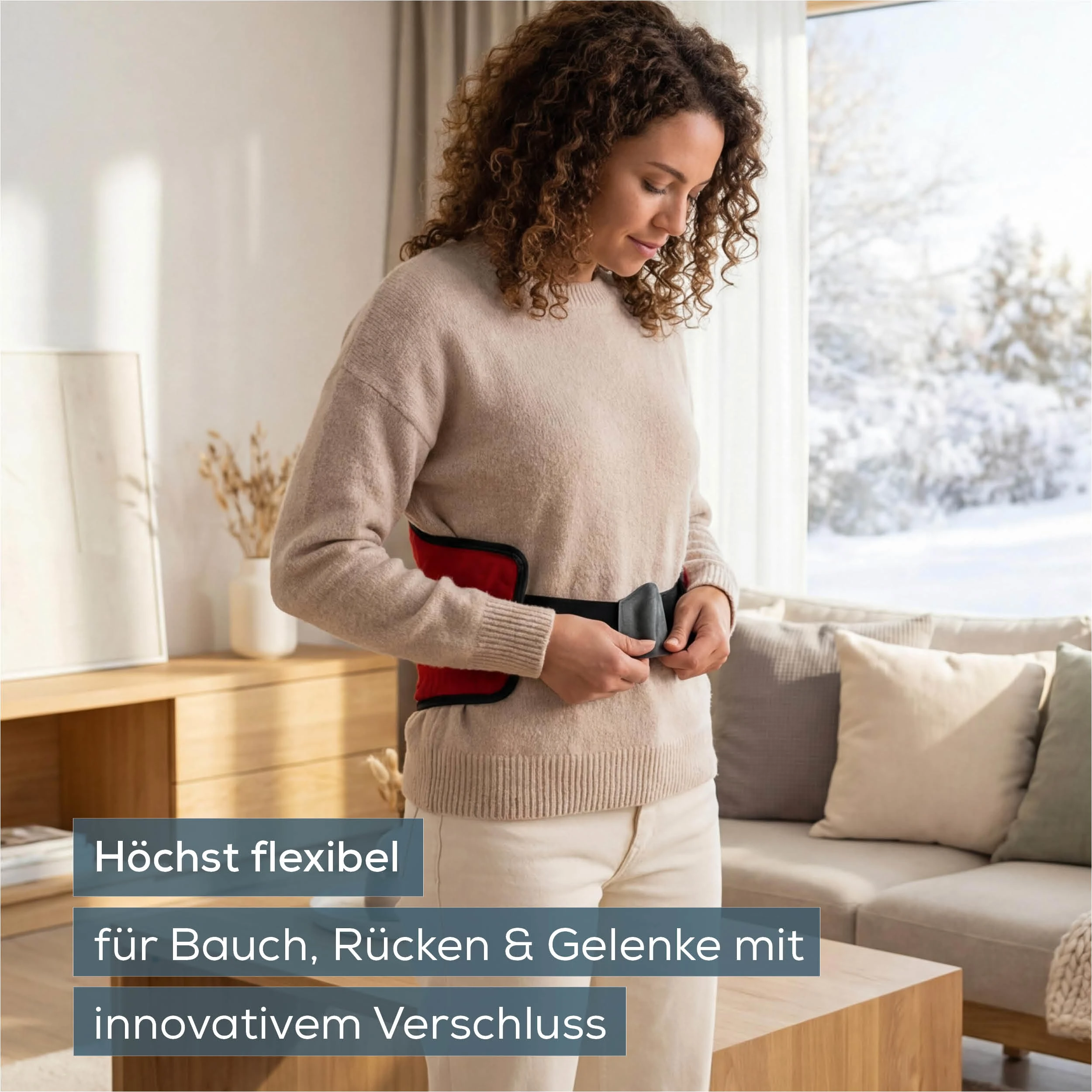 Donna sistema supporto lombare rosso con chiusura innovativa, interno vista inverno.