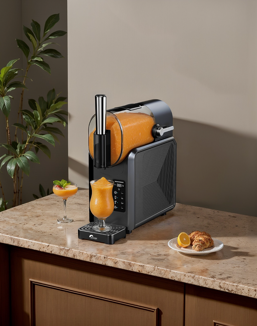 Une machine à granités distribue du granité à l'orange dans un verre. Un croissant et une tranche d'orange sur une assiette.
