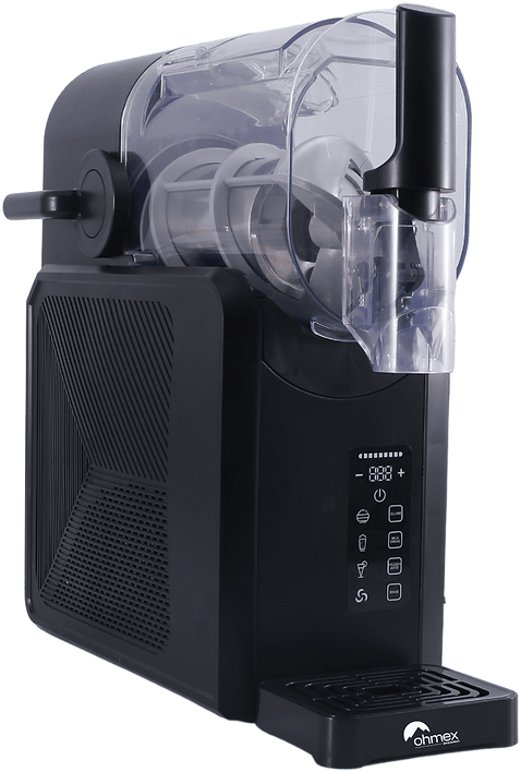 Une machine à granités noire avec récipient transparent et panneau de contrôle.