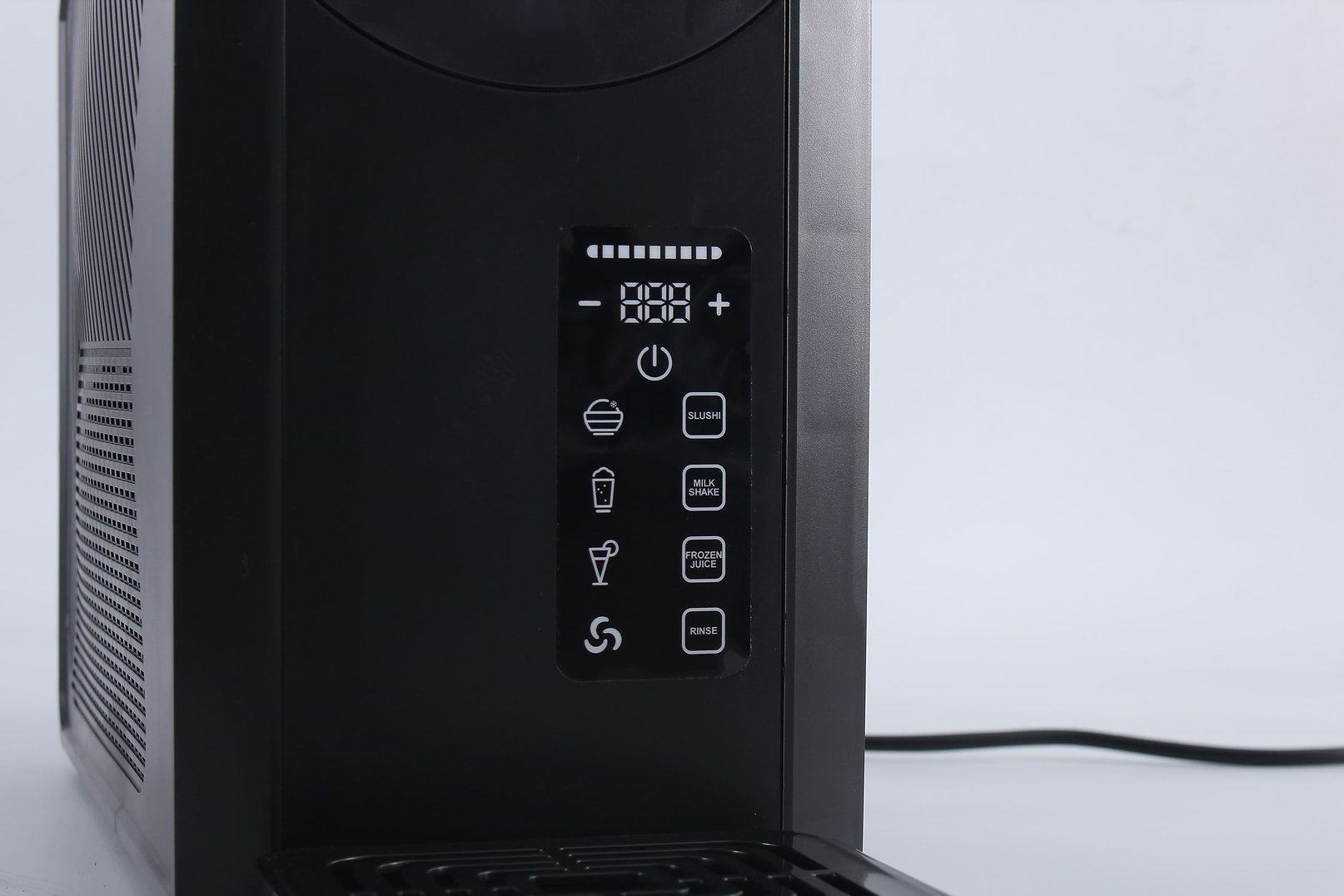 Appareil noir avec écran numérique et boutons pour Slushi, Milk Shake, Frozen Juice et Rinse.