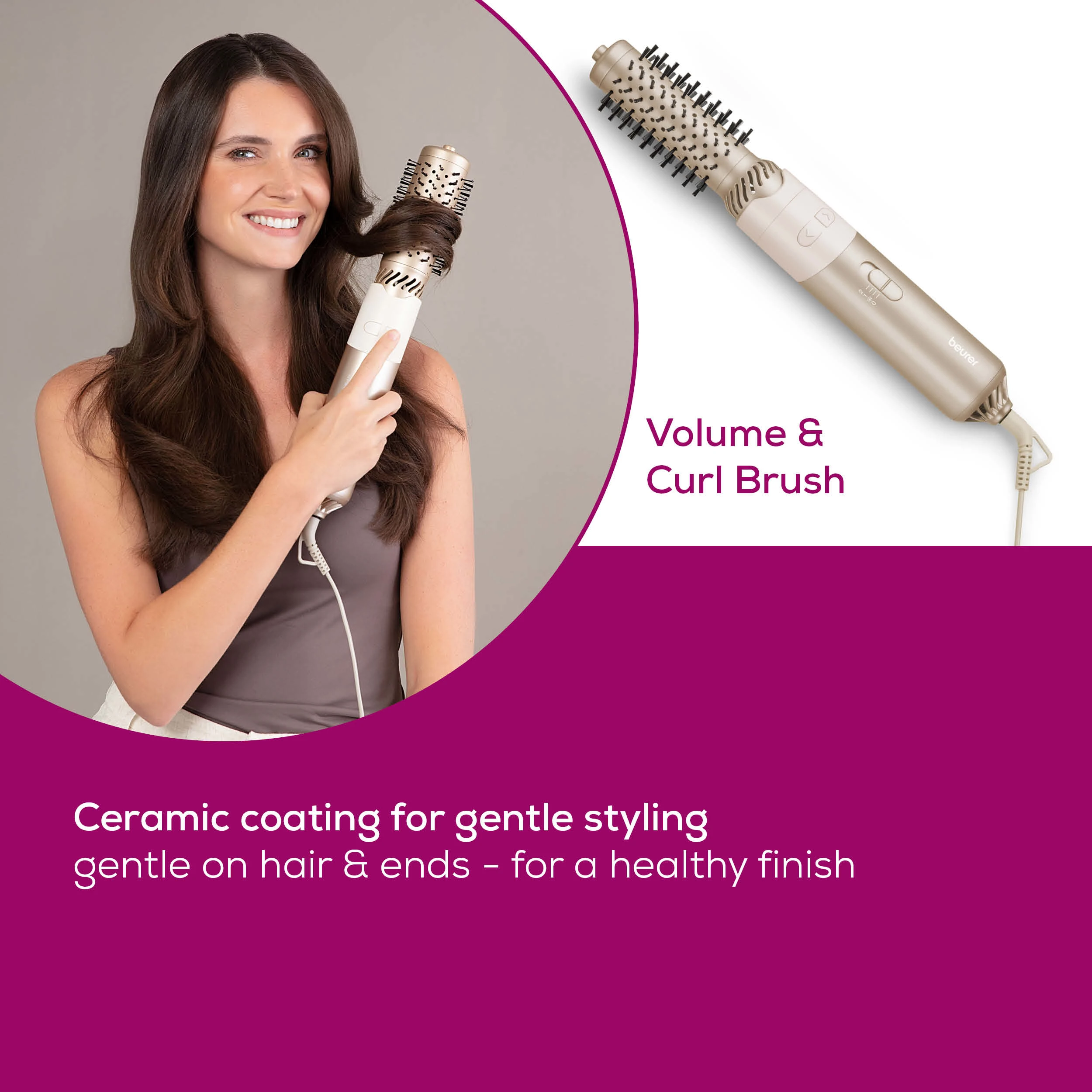 Donna acconcia i capelli con una spazzola Beurer Volume & Curl dorata.