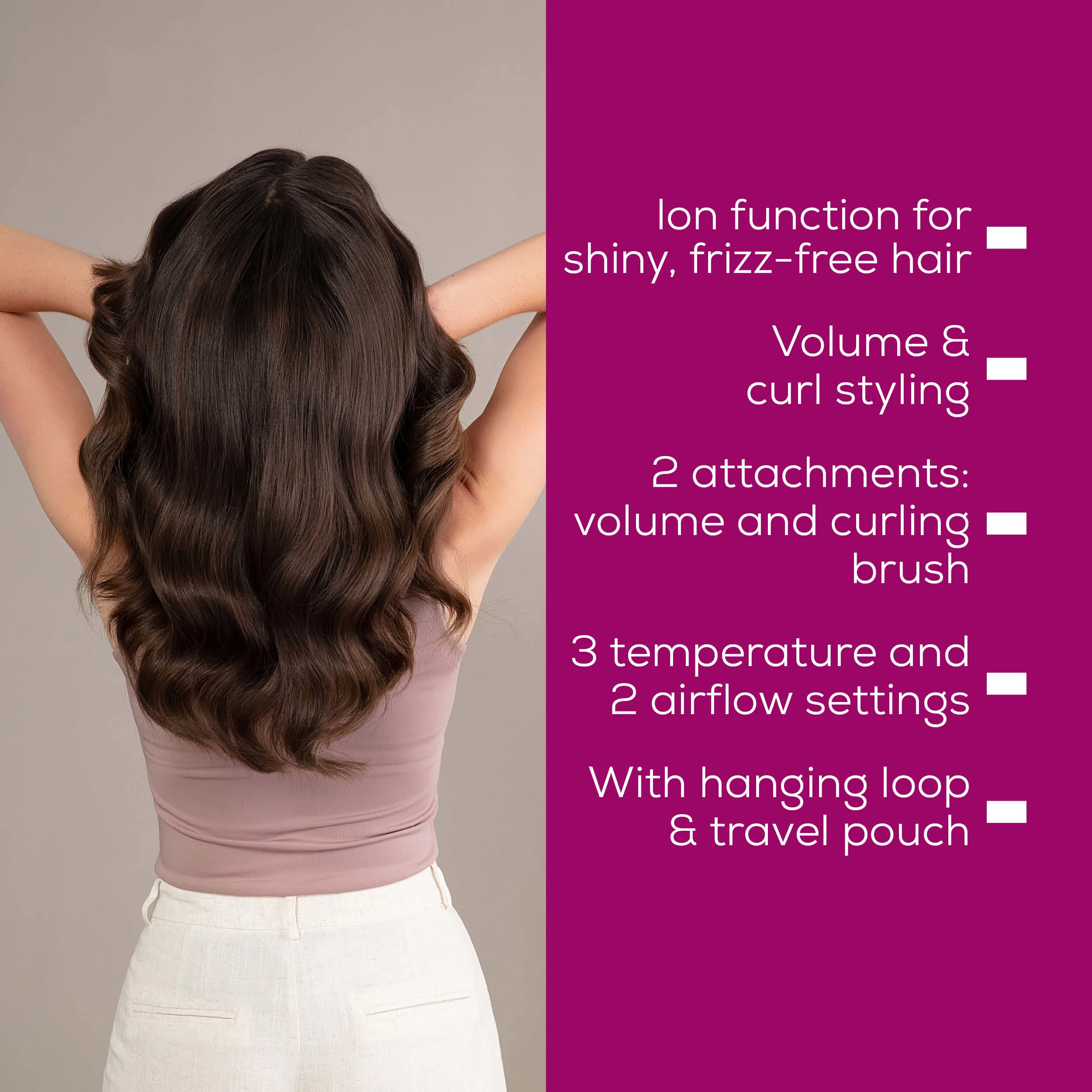 Donna con lunghi capelli castani, indica un elenco di caratteristiche per la cura dei capelli.