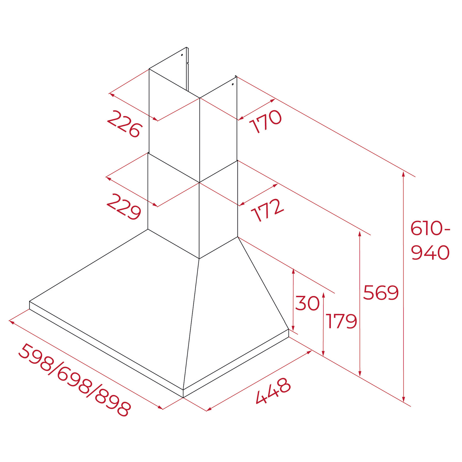 Dibujo técnico de una campana extractora con dimensiones.