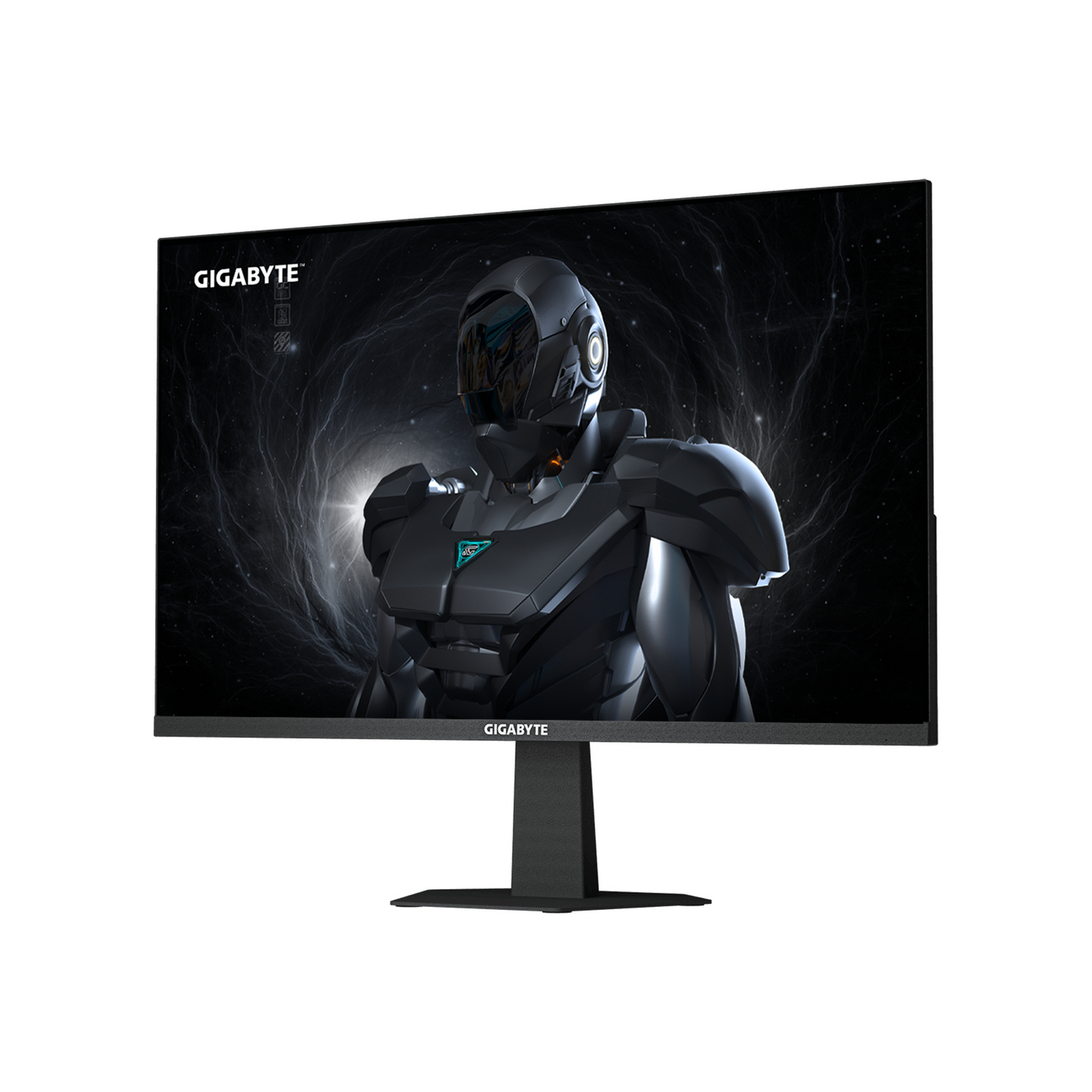 Un monitor de computadora negro que muestra un robot futurista en su pantalla.