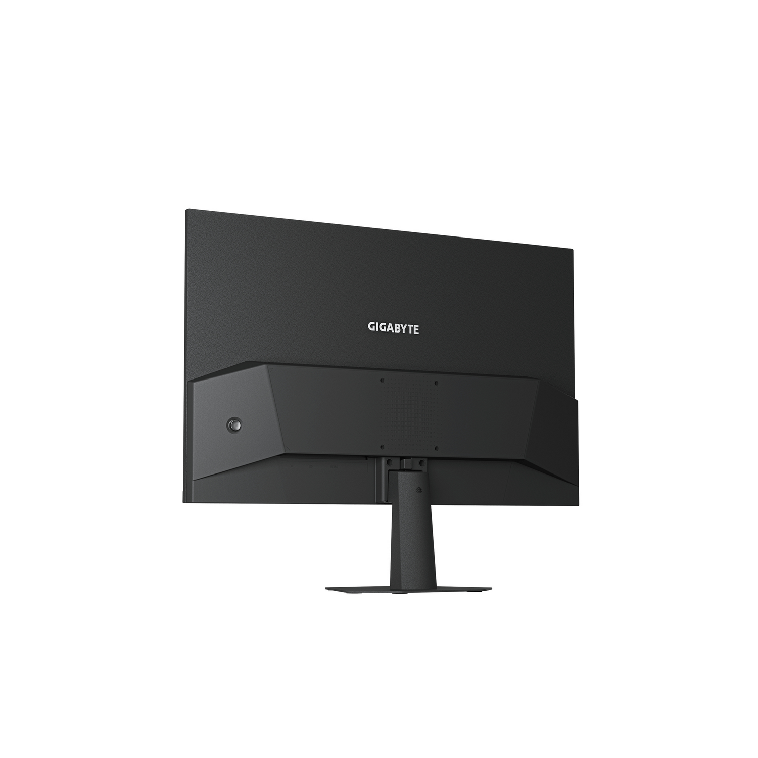 Vista trasera de un monitor GIGABYTE negro con soporte sobre fondo blanco.