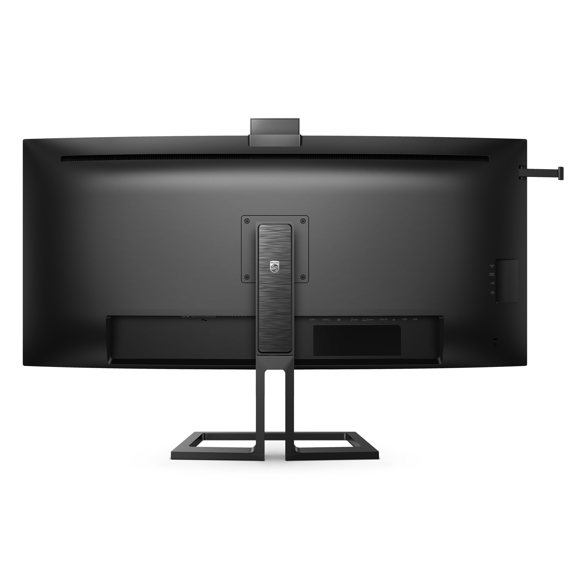 Parte trasera de un monitor con puertos y soporte.