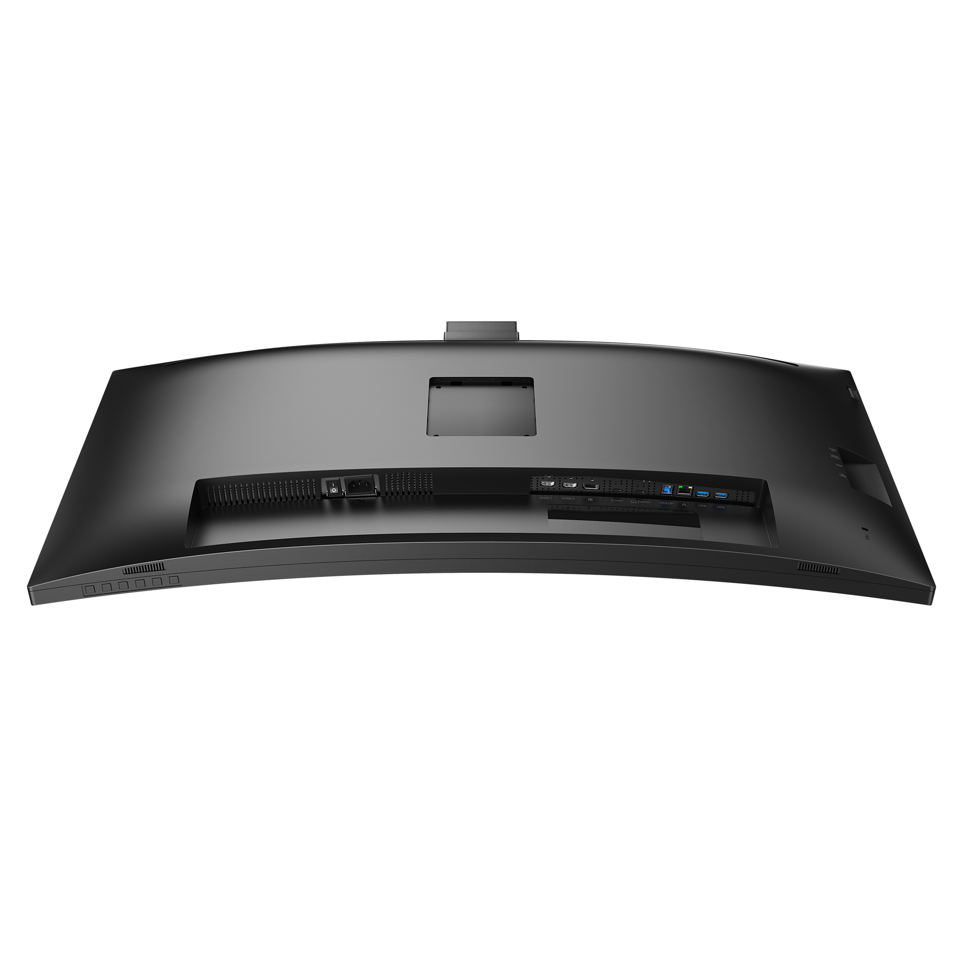 Reverso de un monitor curvo mostrando puertos como HDMI, USB y conector de alimentación.