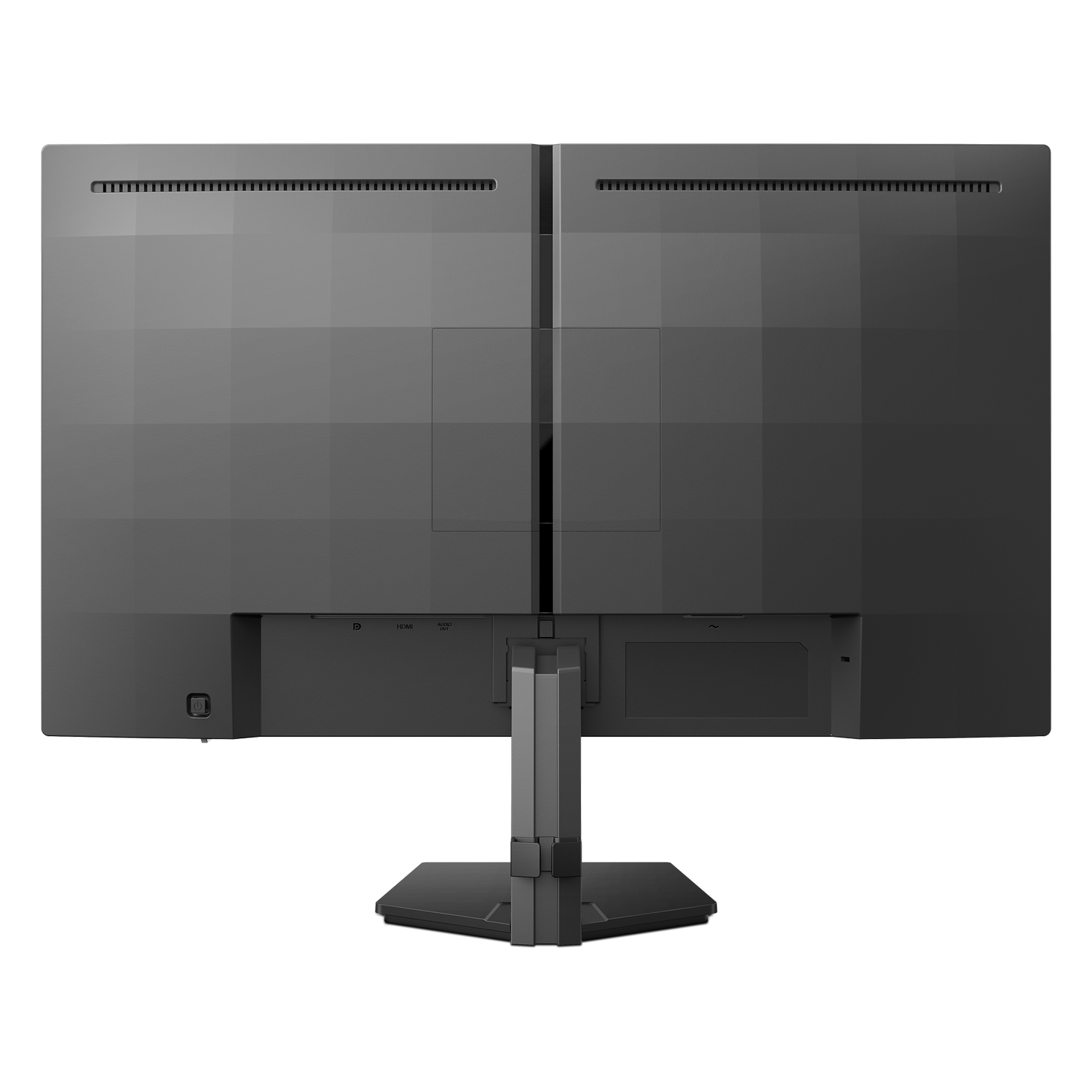 Vista trasera de un monitor gris con puertos HDMI y de audio.