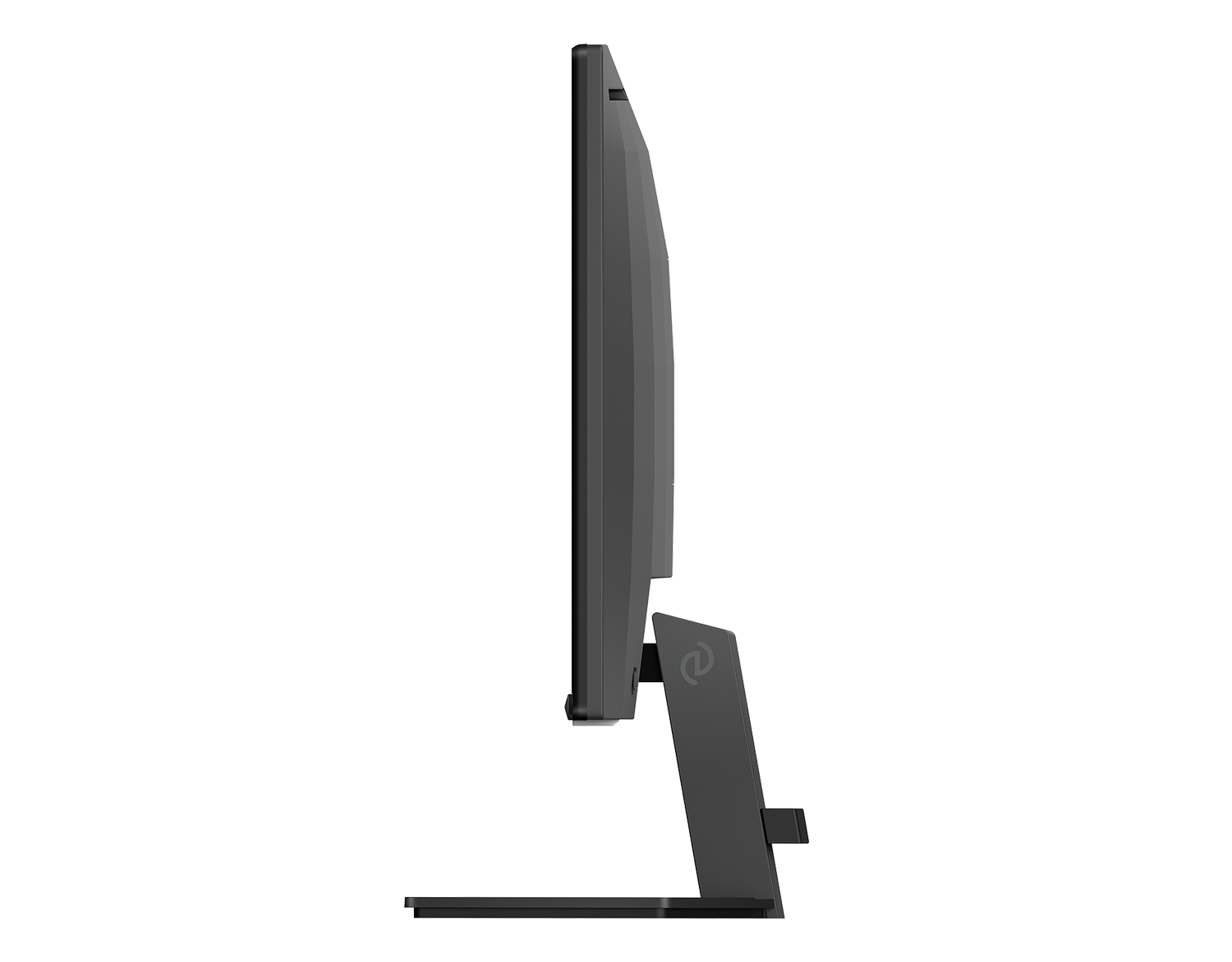 Un monitor de computadora negro visto de lado, con un logo estilizado en su base.