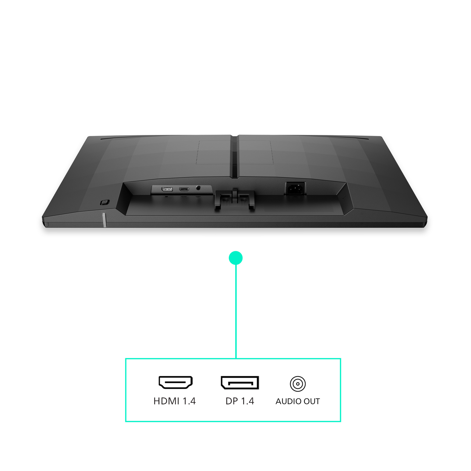 Parte trasera de un monitor con puertos HDMI, DP y salida de audio.