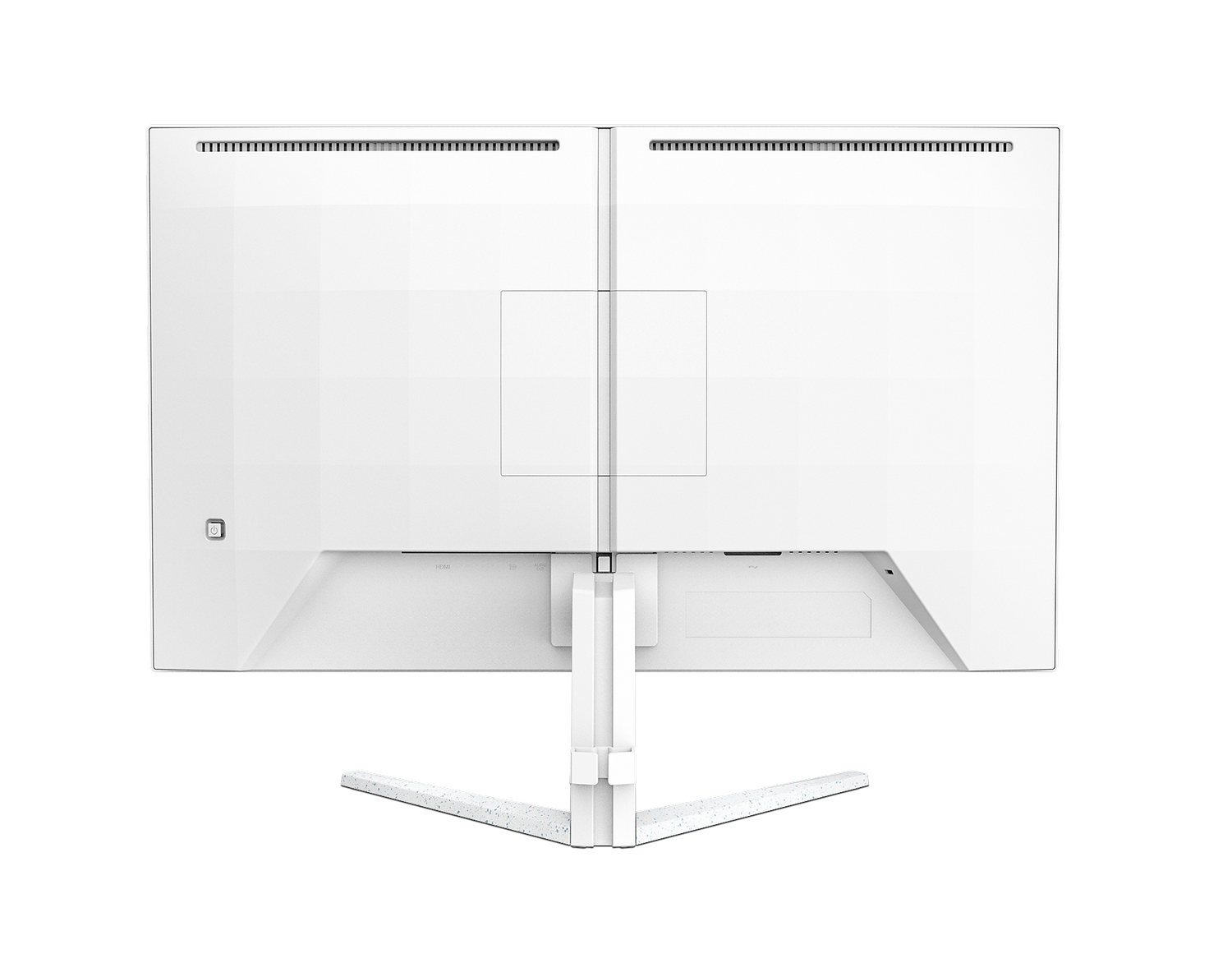 Parte trasera de un monitor blanco con puertos, soporte y rejillas de ventilación.