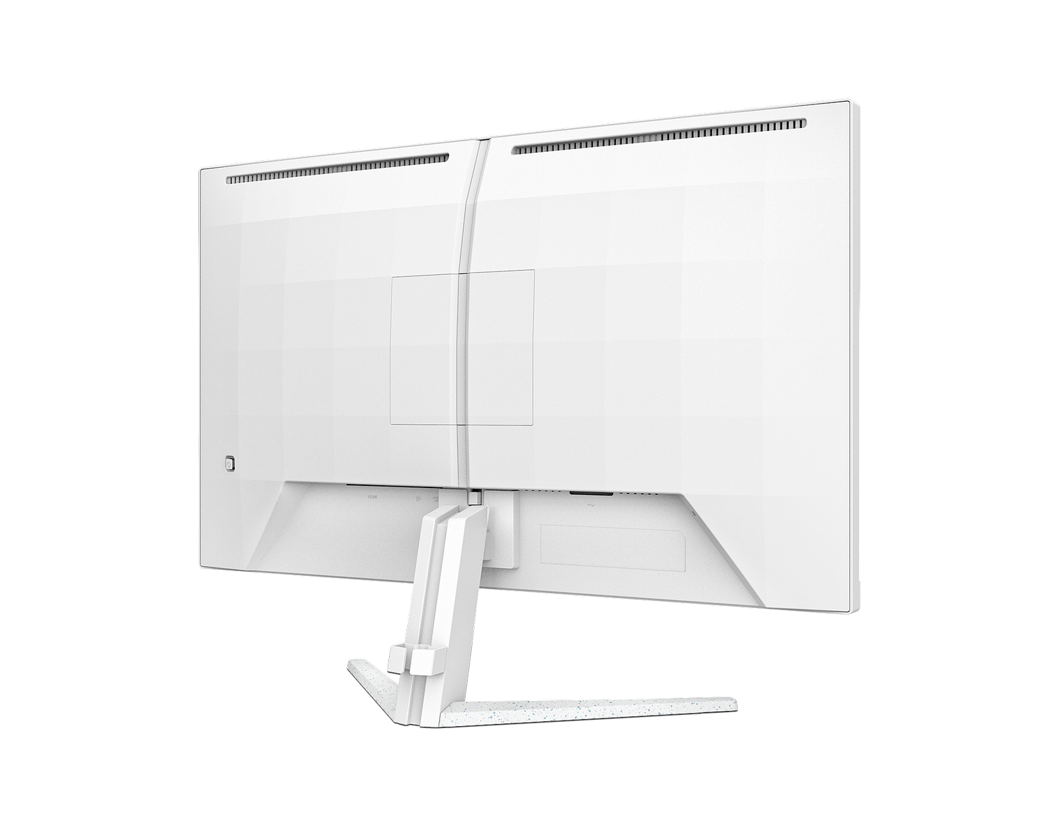 Parte trasera de un monitor blanco mostrando puertos y soporte.