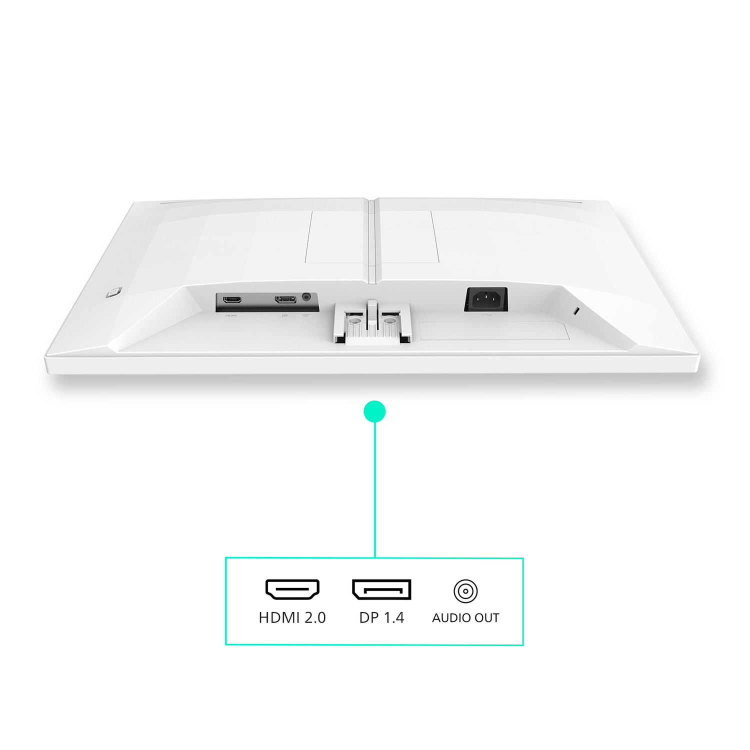 Parte trasera de un monitor blanco mostrando puertos: HDMI, DP 1.4, Salida de audio.
